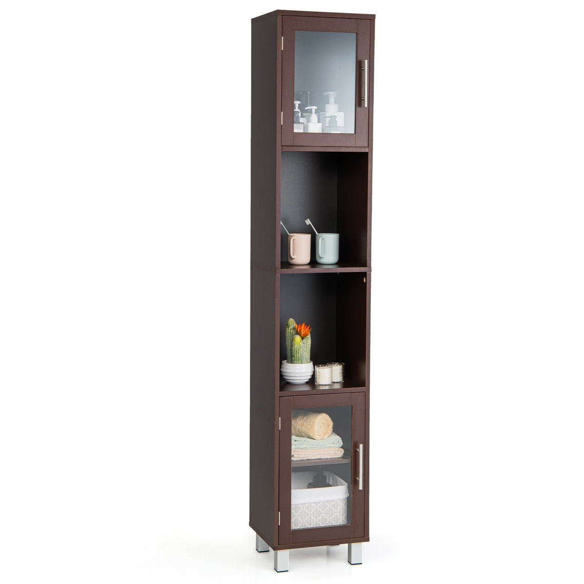 71" Tall Bathroom Storage Cabinet Tower with Glass Doors - Brown-Floor Cabinets-DECOROLALA