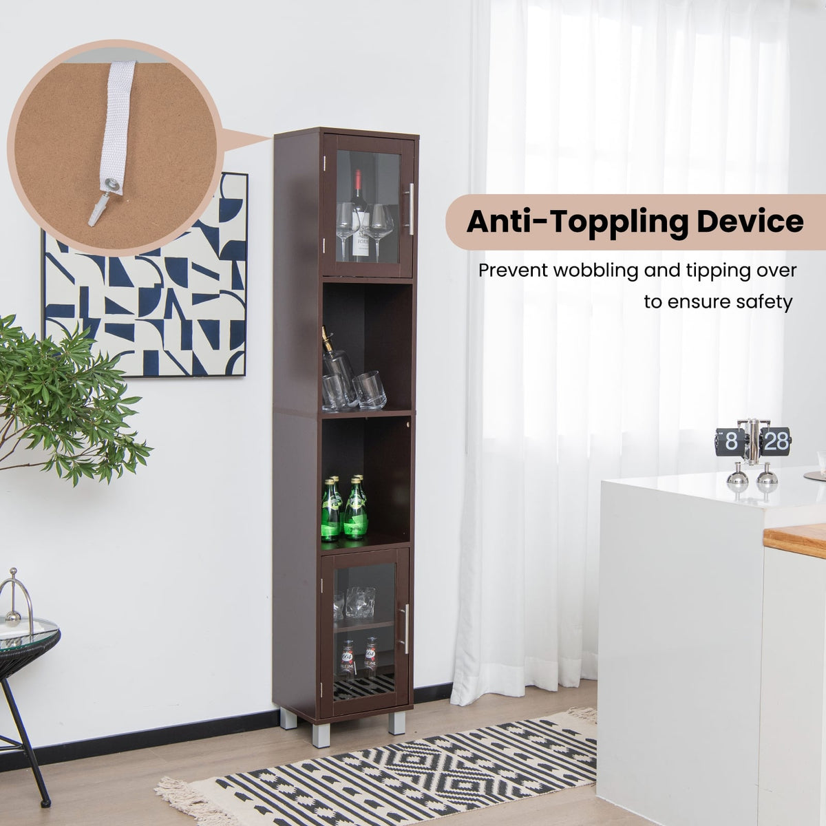 71" Tall Bathroom Storage Cabinet Tower with Glass Doors - Brown-Floor Cabinets-DECOROLALA