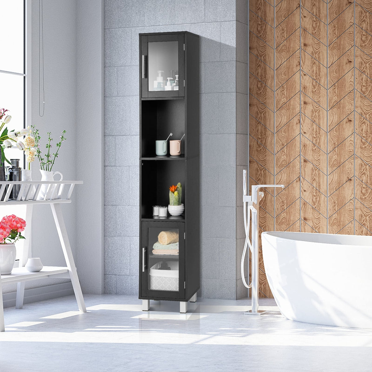 71" Tall Tower Bathroom Storage Cabinet - Black Wood 13"x12"-Floor Cabinets-DECOROLALA