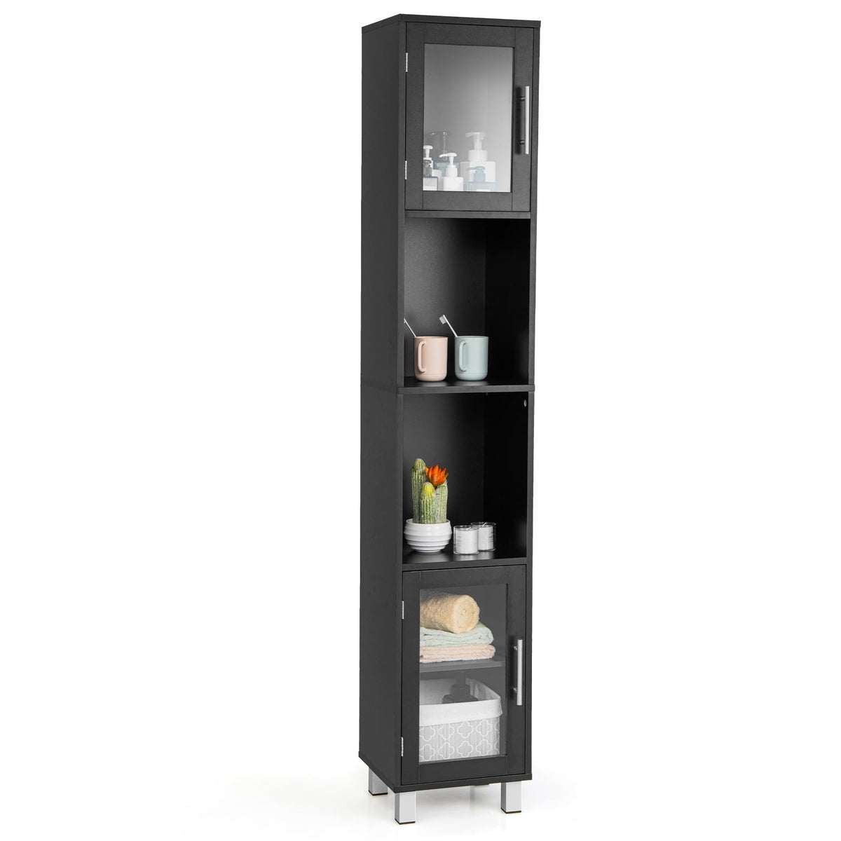 71" Tall Tower Bathroom Storage Cabinet - Black Wood 13"x12"-Floor Cabinets-DECOROLALA