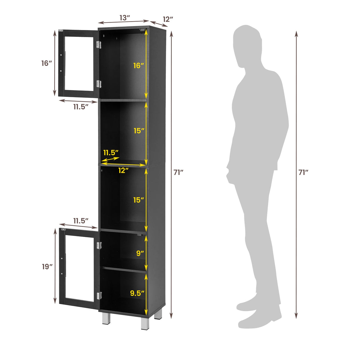 71" Tall Tower Bathroom Storage Cabinet - Black Wood 13"x12"-Floor Cabinets-DECOROLALA