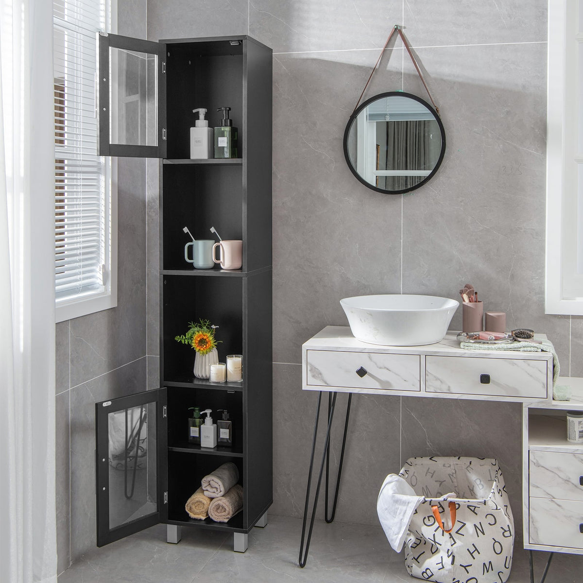 71" Tall Tower Bathroom Storage Cabinet - Black Wood 13"x12"-Floor Cabinets-DECOROLALA