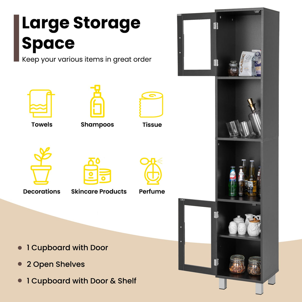71" Tall Tower Bathroom Storage Cabinet - Black Wood 13"x12"-Floor Cabinets-DECOROLALA