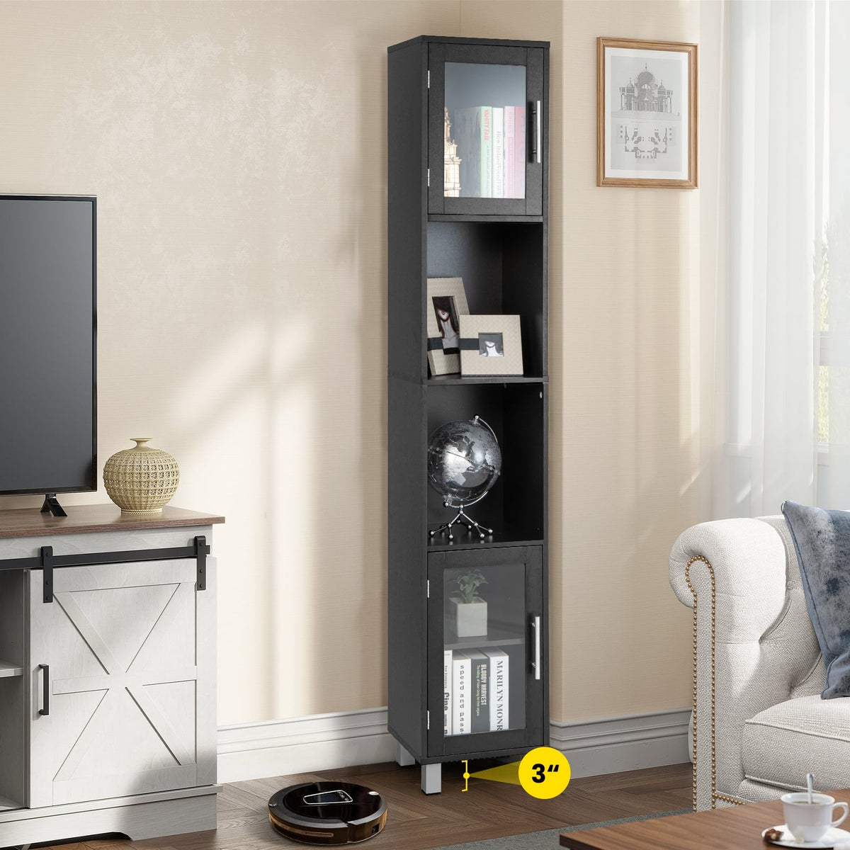 71" Tall Tower Bathroom Storage Cabinet - Black Wood 13"x12"-Floor Cabinets-DECOROLALA