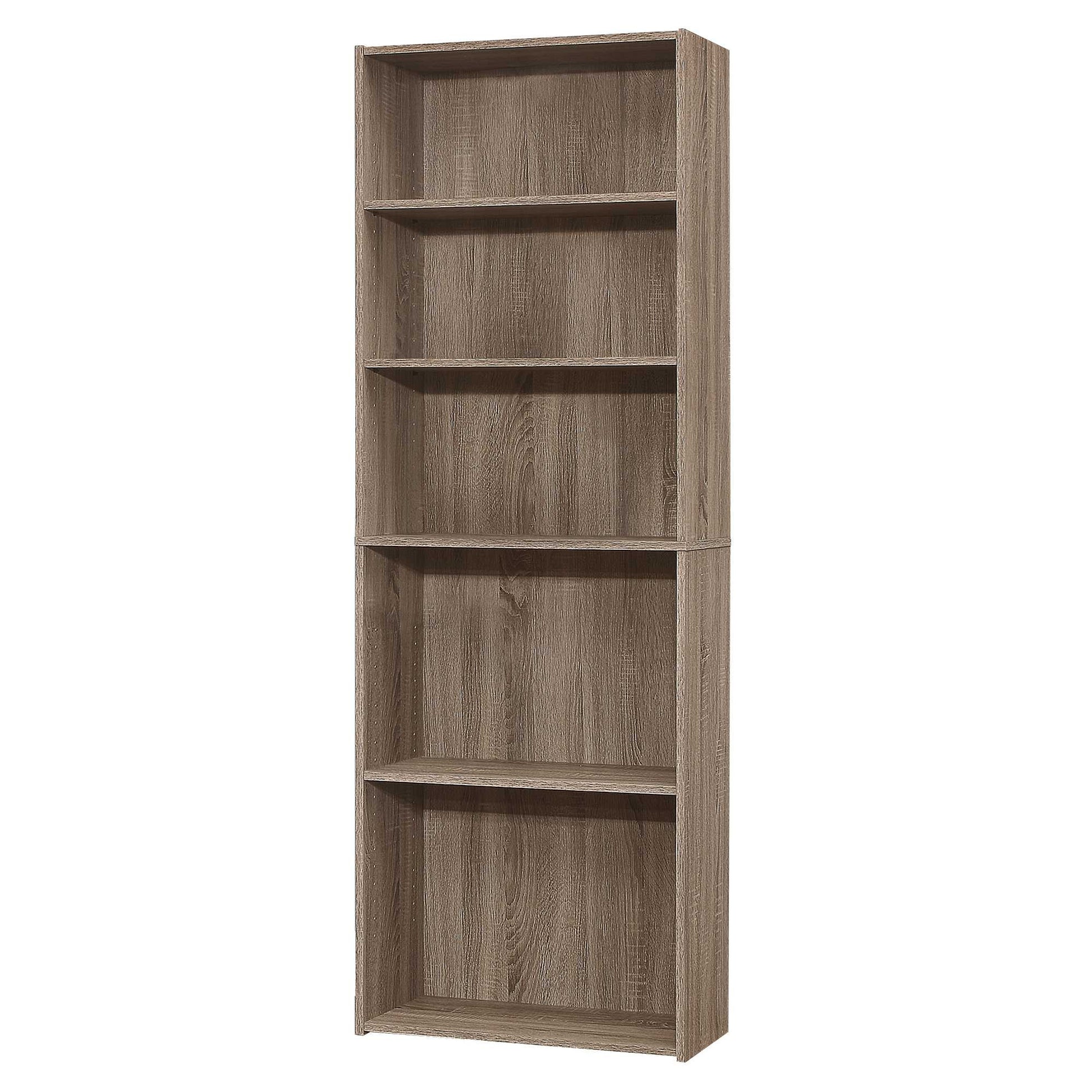 71" Taupe Distressed Wood Adjustable Five Tier Bookcase-Bookcases-DECOROLALA