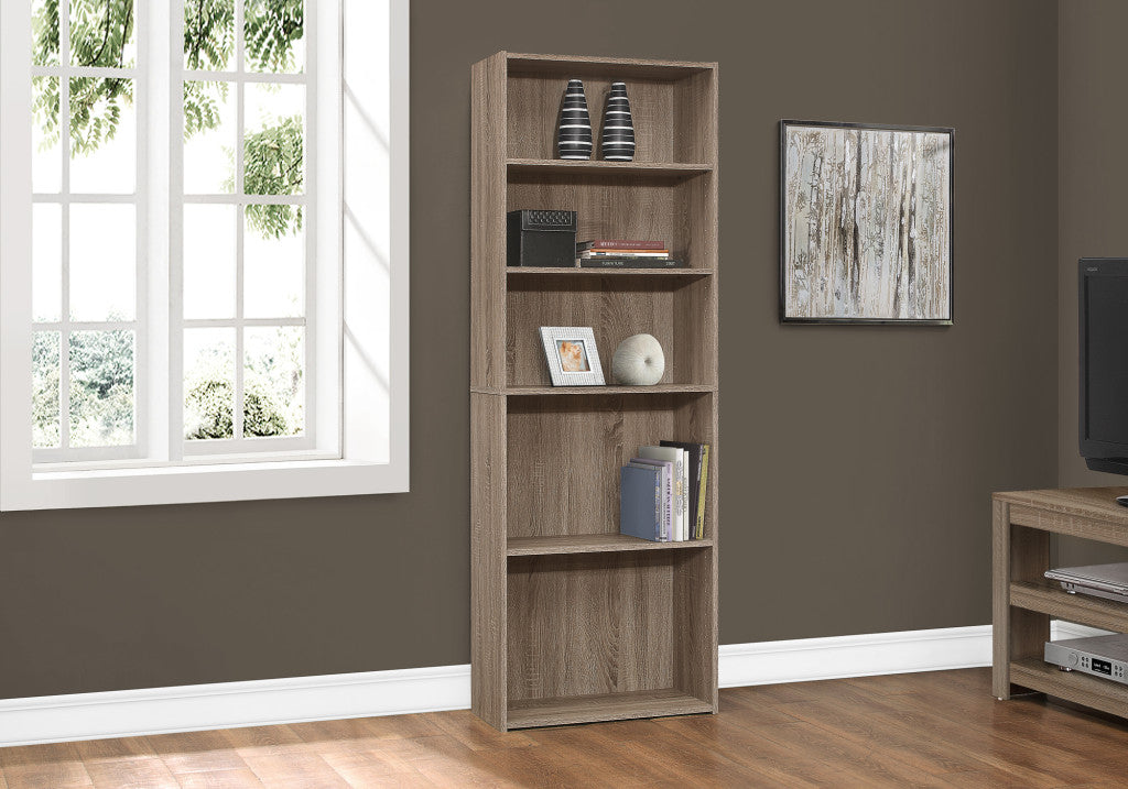 71" Taupe Distressed Wood Adjustable Five Tier Bookcase-Bookcases-DECOROLALA