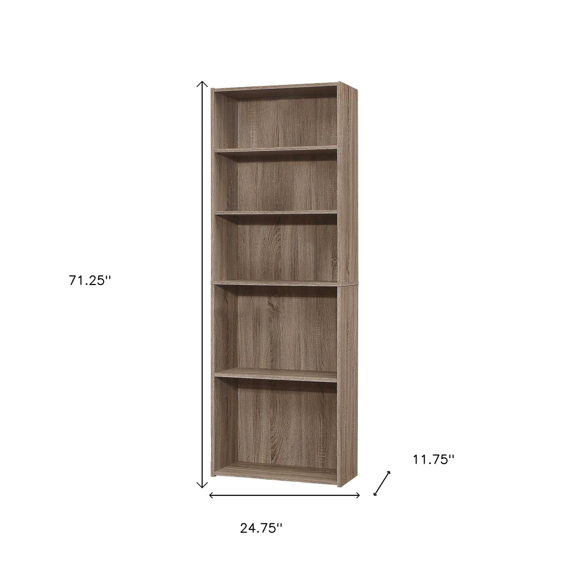 71" Taupe Distressed Wood Adjustable Five Tier Bookcase-Bookcases-DECOROLALA