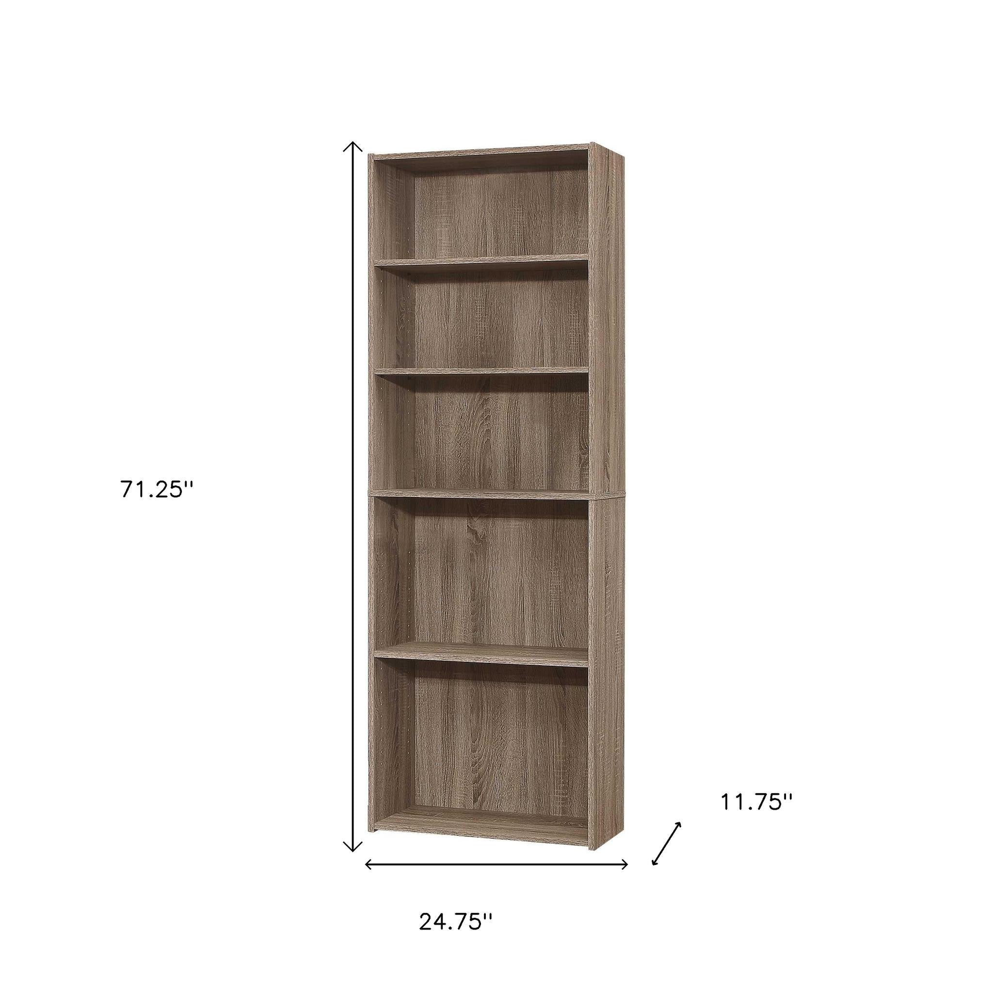 71" Taupe Distressed Wood Adjustable Five Tier Bookcase-Bookcases-DECOROLALA
