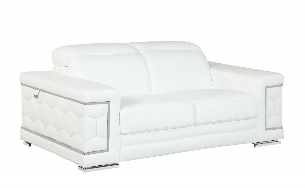 71" White Italian Leather Sofa With Silver Legs-Sofas-DECOROLALA