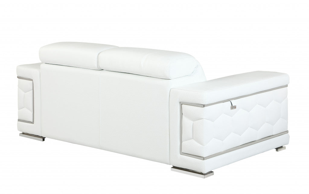 71" White Italian Leather Sofa With Silver Legs-Sofas-DECOROLALA
