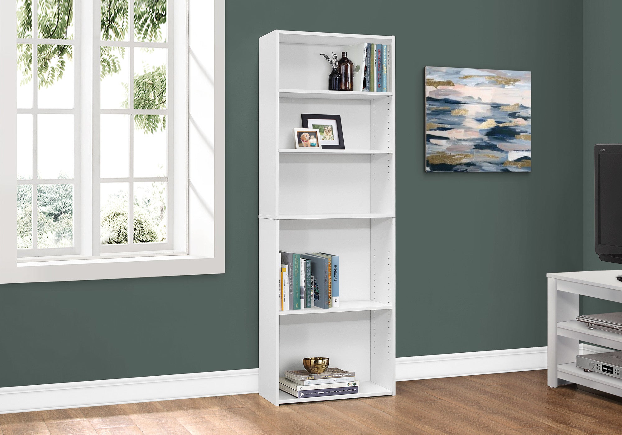 71" White Wood Adjustable Five Tier Bookcase-Bookcases-DECOROLALA