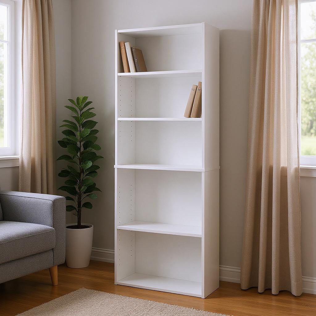 71" White Wood Adjustable Five Tier Bookcase-Bookcases-DECOROLALA