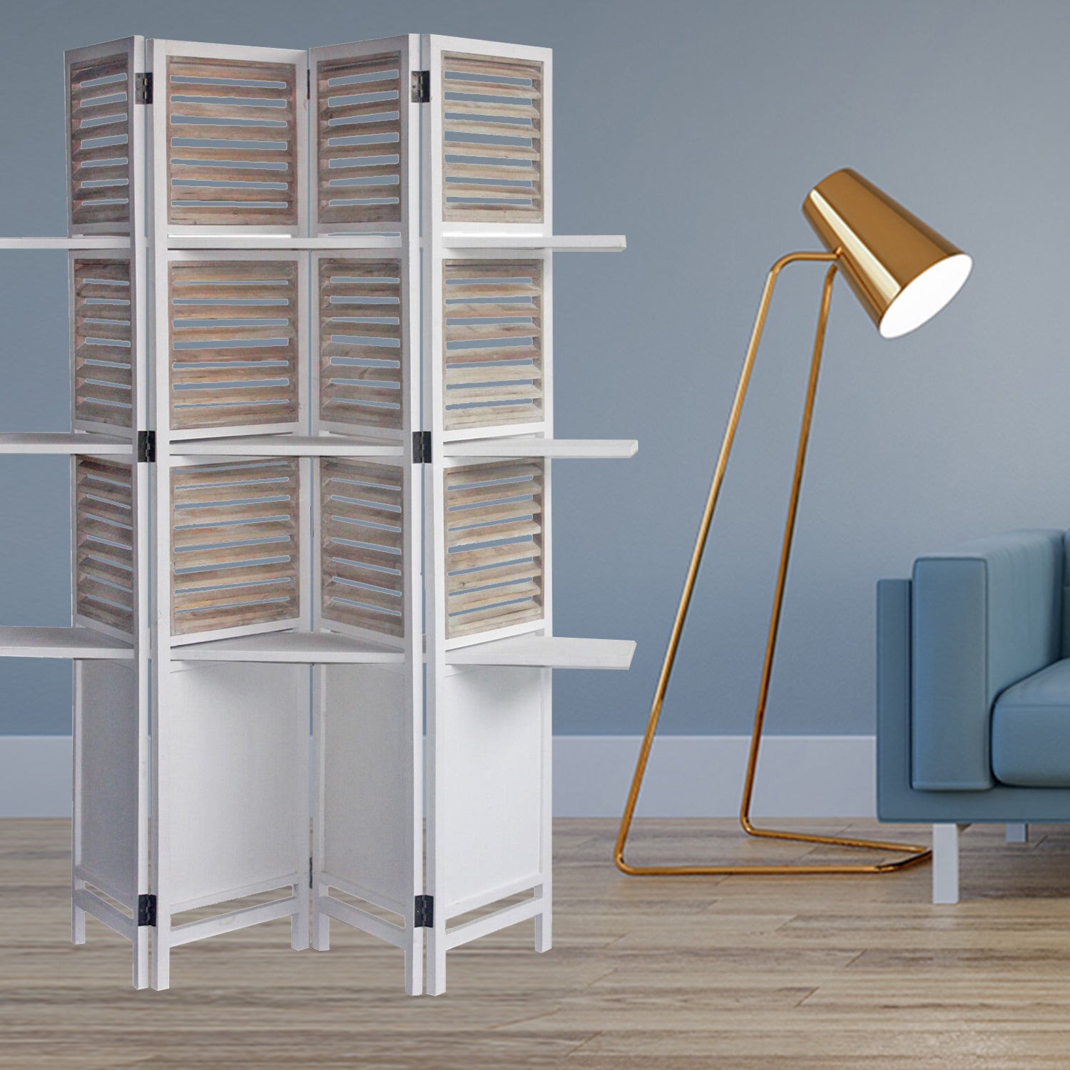 71" White Wood Folding Four Panel Screen Room Divider-Room Dividers-DECOROLALA