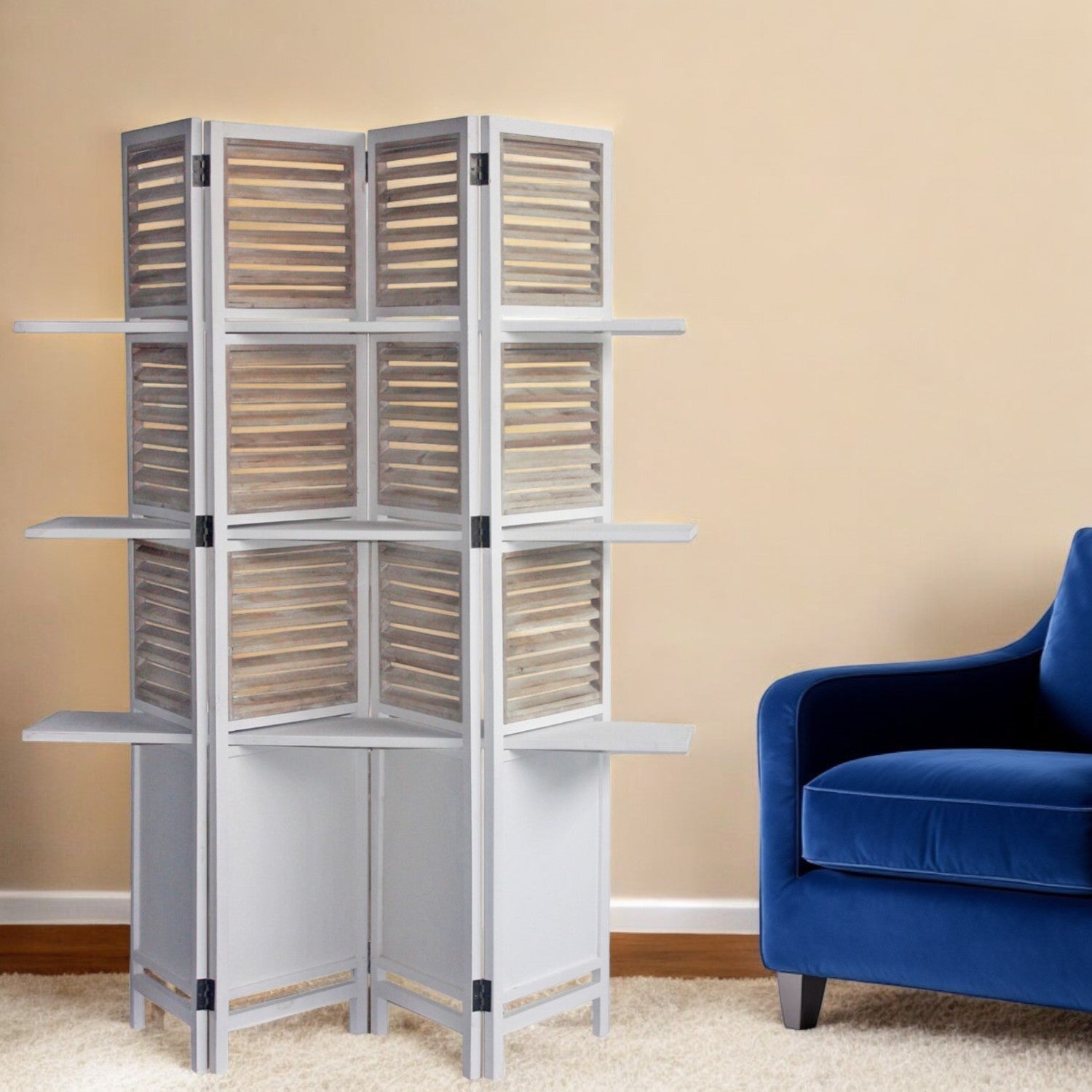 71" White Wood Folding Four Panel Screen Room Divider-Room Dividers-DECOROLALA