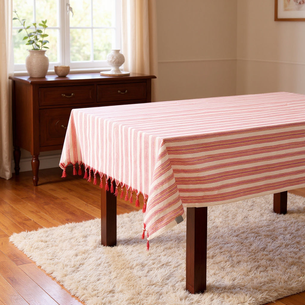 71" X 95" Red And White Striped Cotton Tablecloths-Dining Linens-DECOROLALA