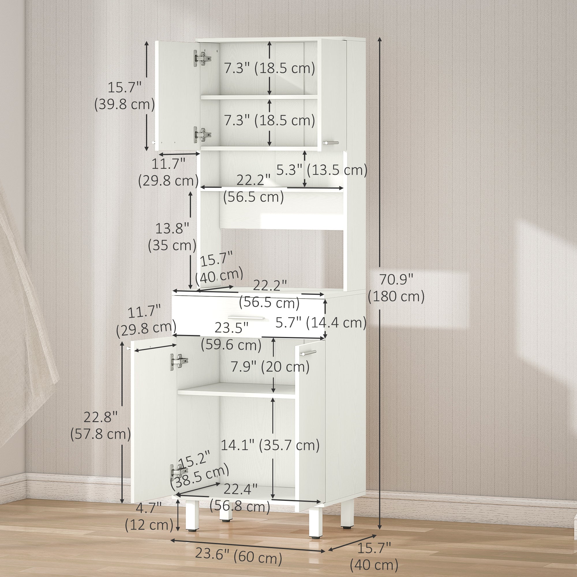71"H Kitchen Pantry Buffet Cabinet with Microwave Stand, White Storage Unit-DECOROLALA