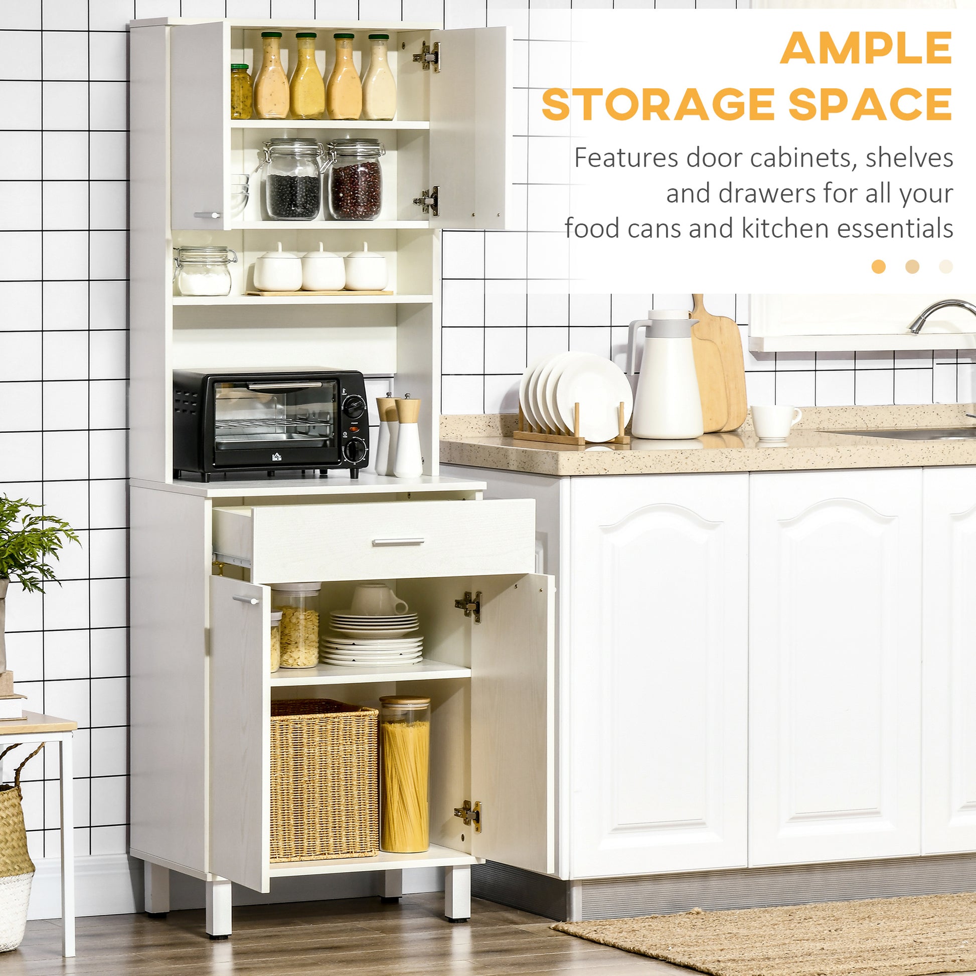 71"H Kitchen Pantry Buffet Cabinet with Microwave Stand, White Storage Unit-DECOROLALA
