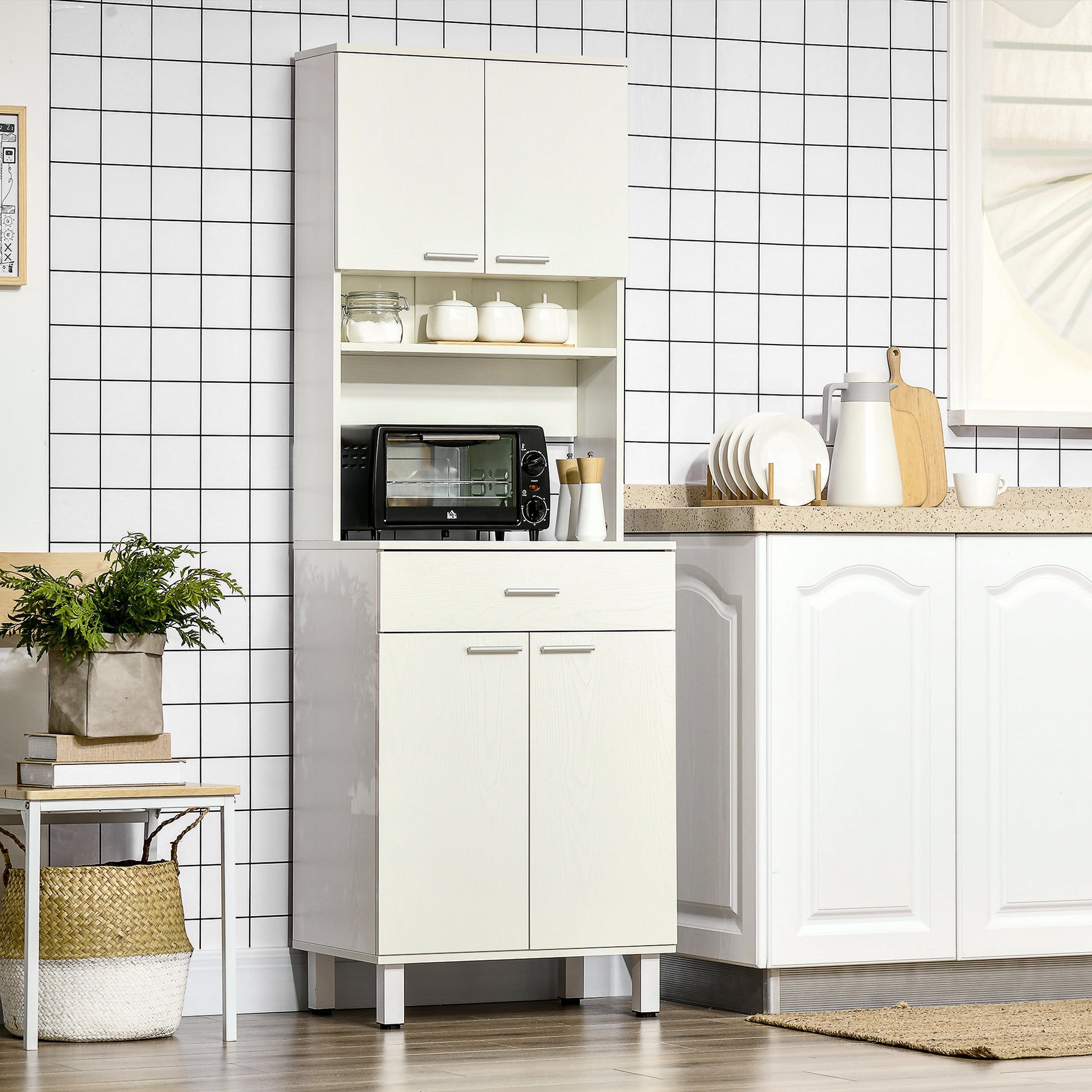 71"H Kitchen Pantry Buffet Cabinet with Microwave Stand, White Storage Unit-DECOROLALA