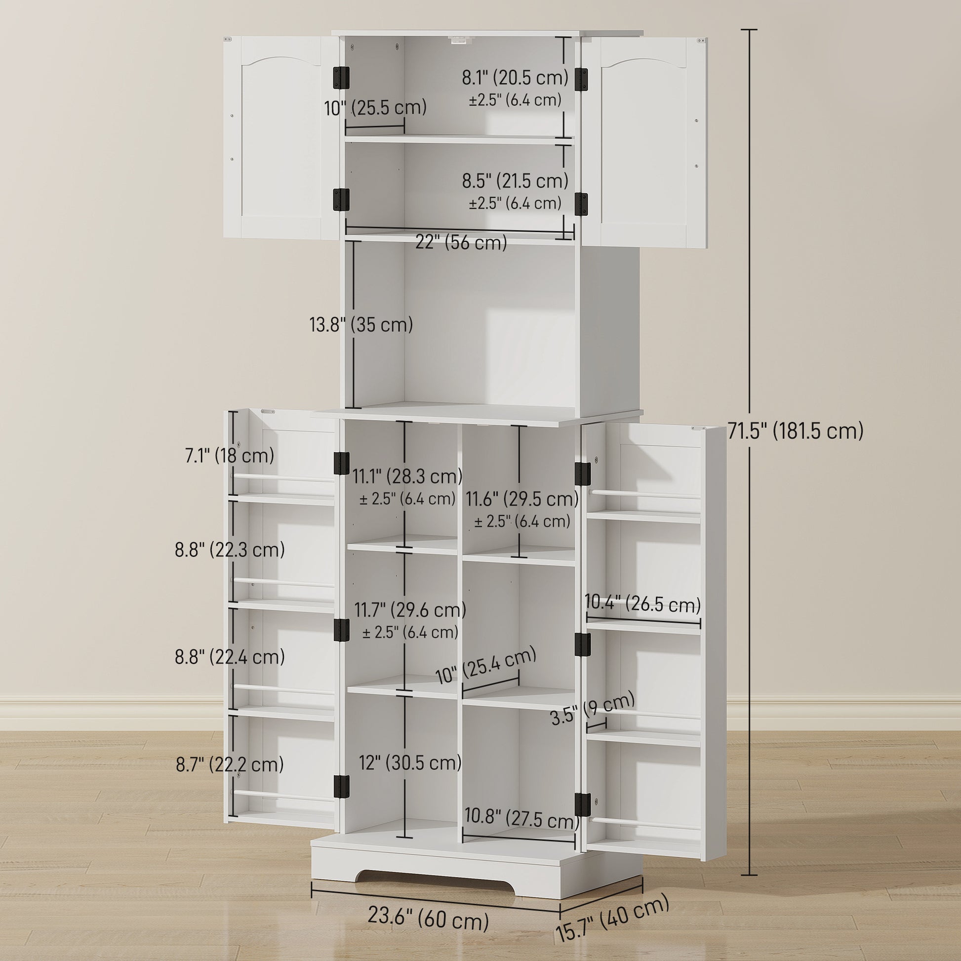 71.5" Farmhouse Pantry Cabinet, White, Adjustable Shelves, 8 Spice Racks-DECOROLALA