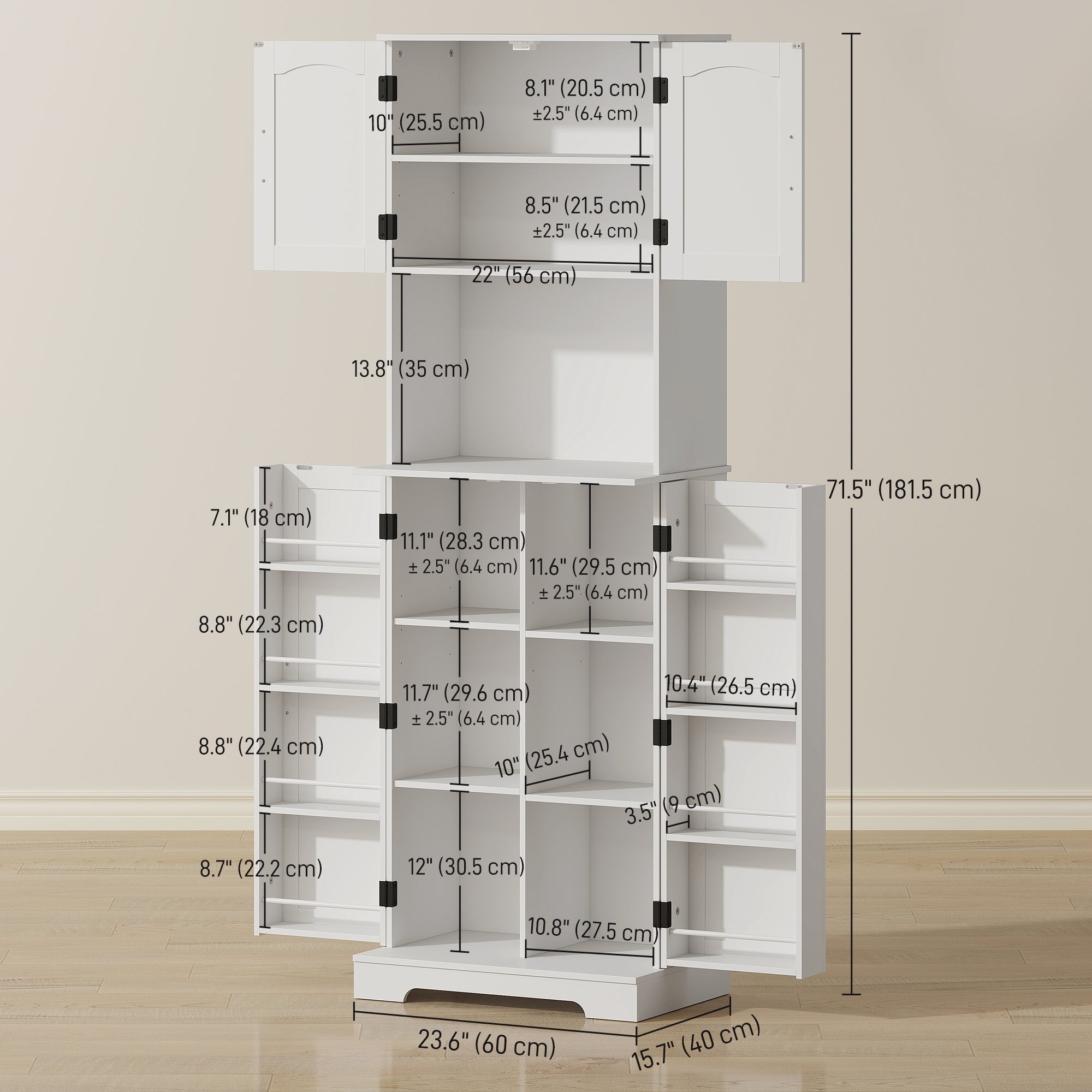 71.5" Farmhouse Pantry Cabinet, White, Adjustable Shelves, 8 Spice Racks-DECOROLALA