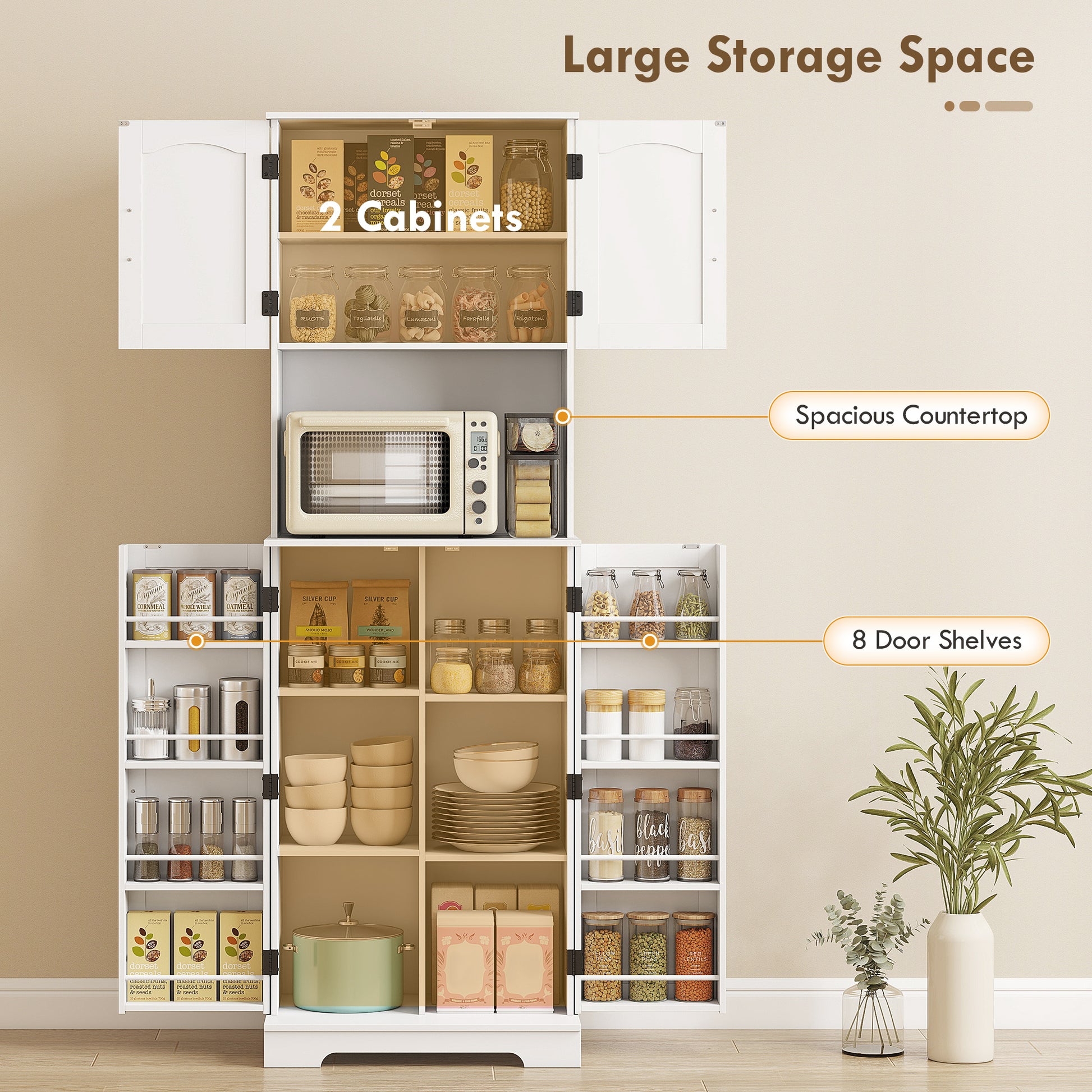 71.5" Farmhouse Pantry Cabinet, White, Adjustable Shelves, 8 Spice Racks-DECOROLALA