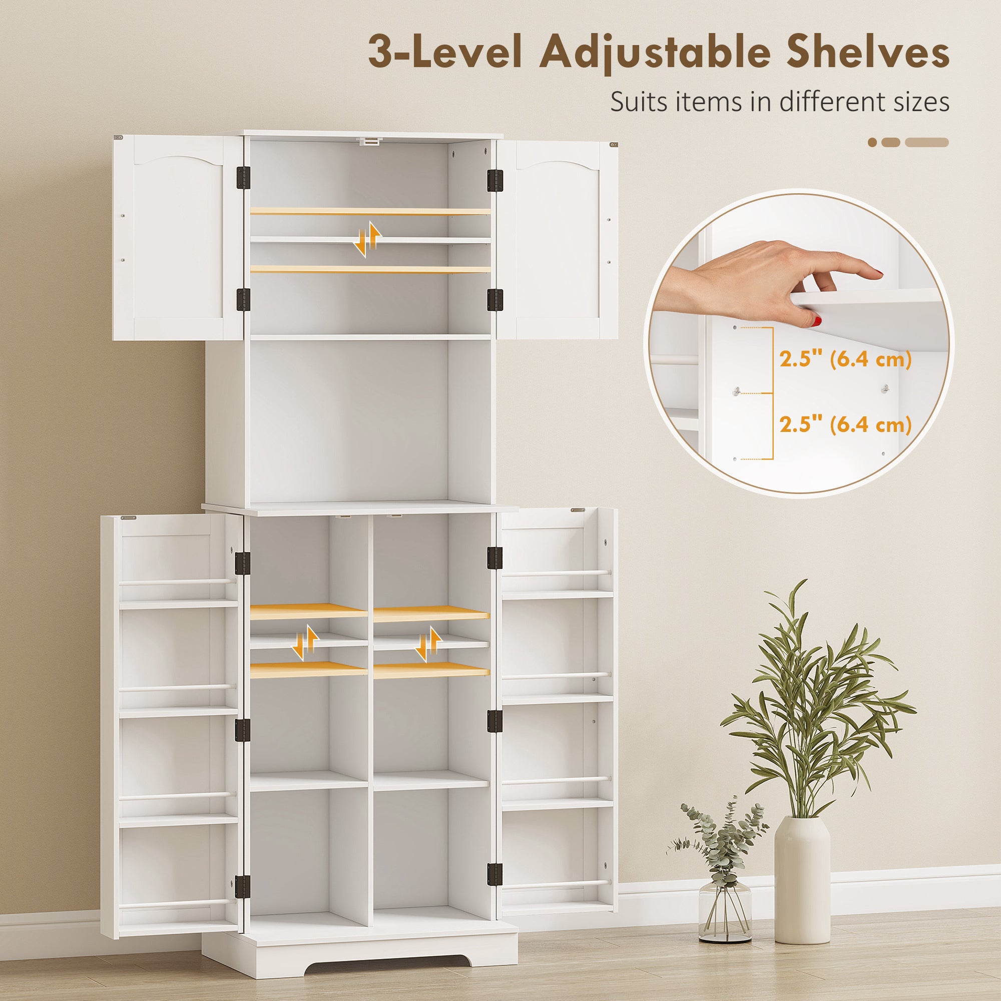 71.5" Farmhouse Pantry Cabinet, White, Adjustable Shelves, 8 Spice Racks-DECOROLALA
