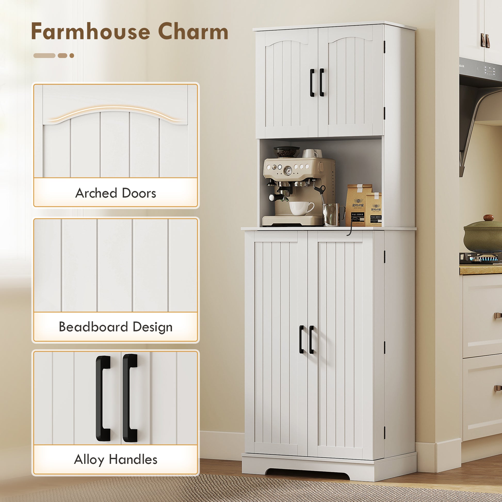 71.5" Farmhouse Pantry Cabinet, White, Adjustable Shelves, 8 Spice Racks-DECOROLALA