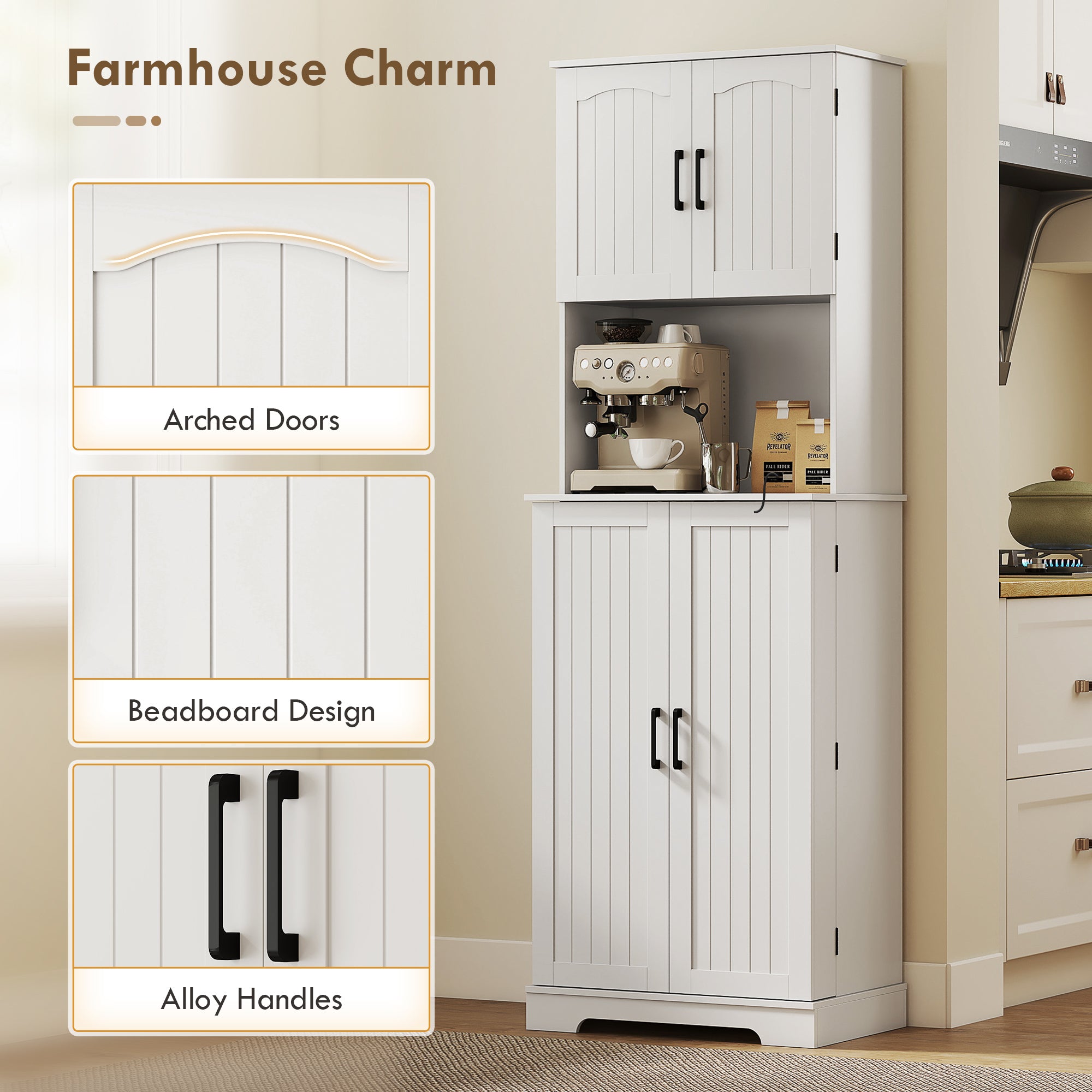 71.5" Farmhouse Pantry Cabinet, White, Adjustable Shelves, 8 Spice Racks-DECOROLALA