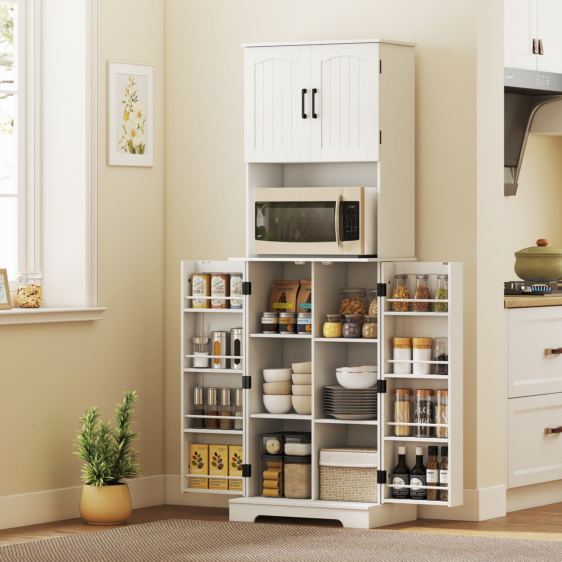 71.5" Farmhouse Pantry Cabinet, White, Adjustable Shelves, 8 Spice Racks-DECOROLALA