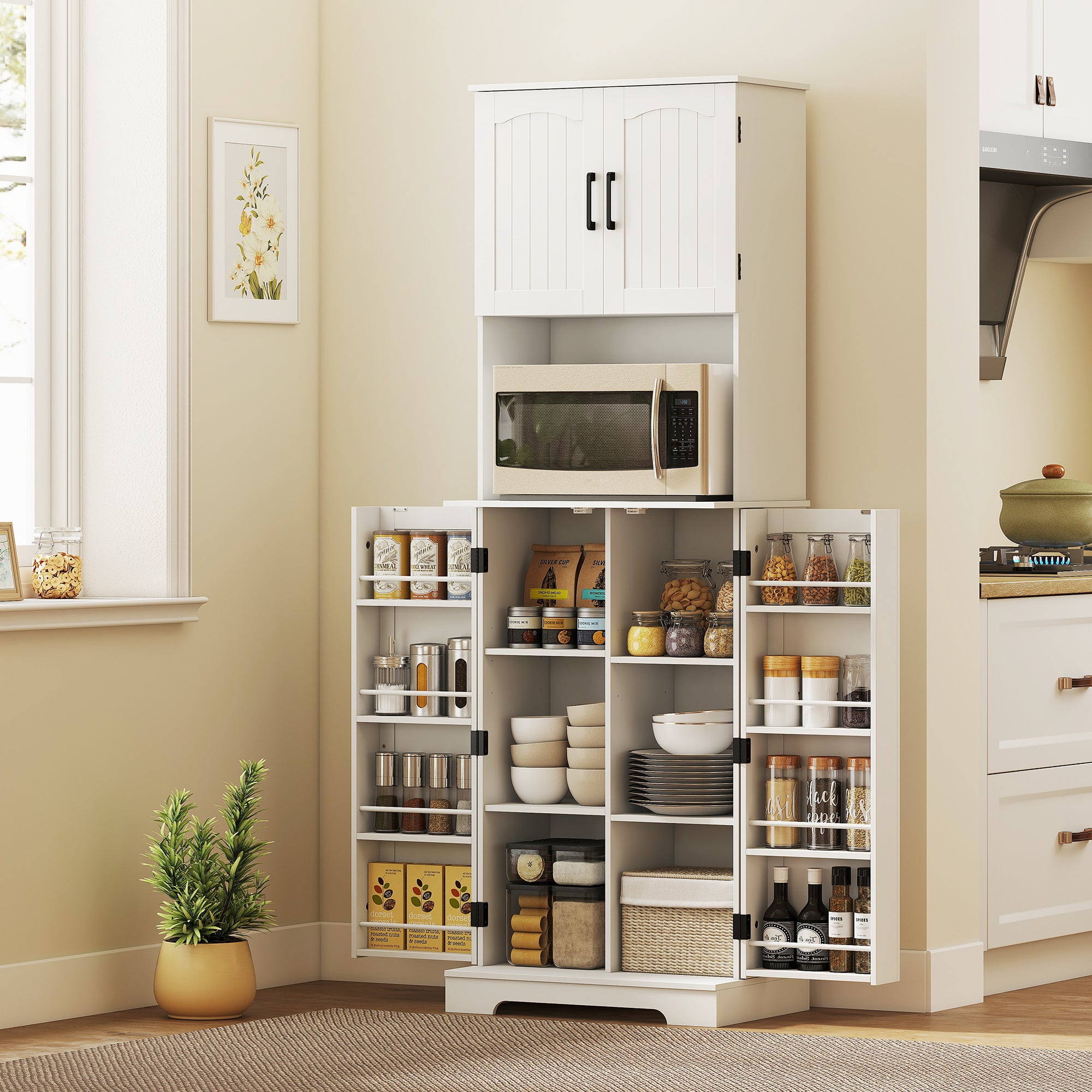 71.5" Farmhouse Pantry Cabinet, White, Adjustable Shelves, 8 Spice Racks-DECOROLALA