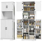 71.5" Farmhouse Pantry Cabinet, White, Adjustable Shelves, 8 Spice Racks-DECOROLALA