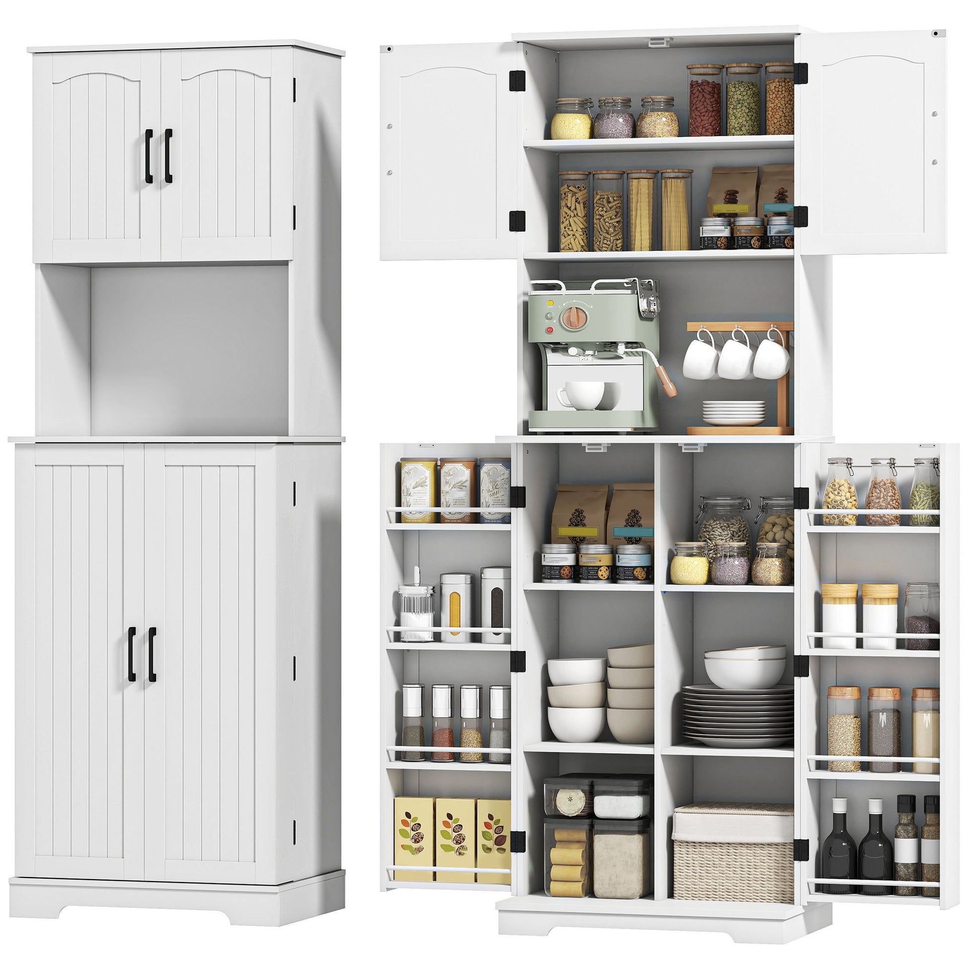 71.5" Farmhouse Pantry Cabinet, White, Adjustable Shelves, 8 Spice Racks-DECOROLALA