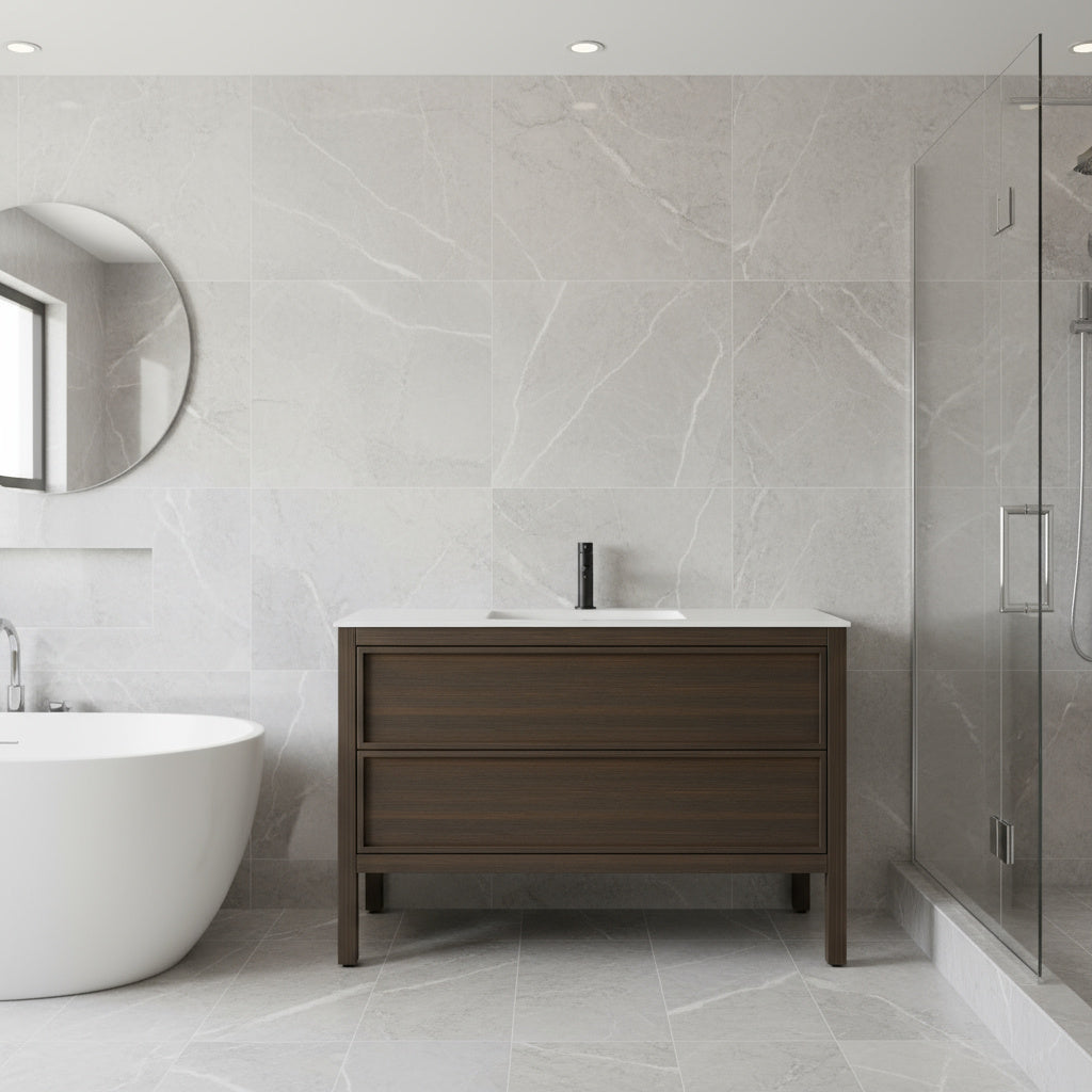 48" Smoked Oak Freestanding Single Sink Bathroom Vanity with White Solid Surface Countertop