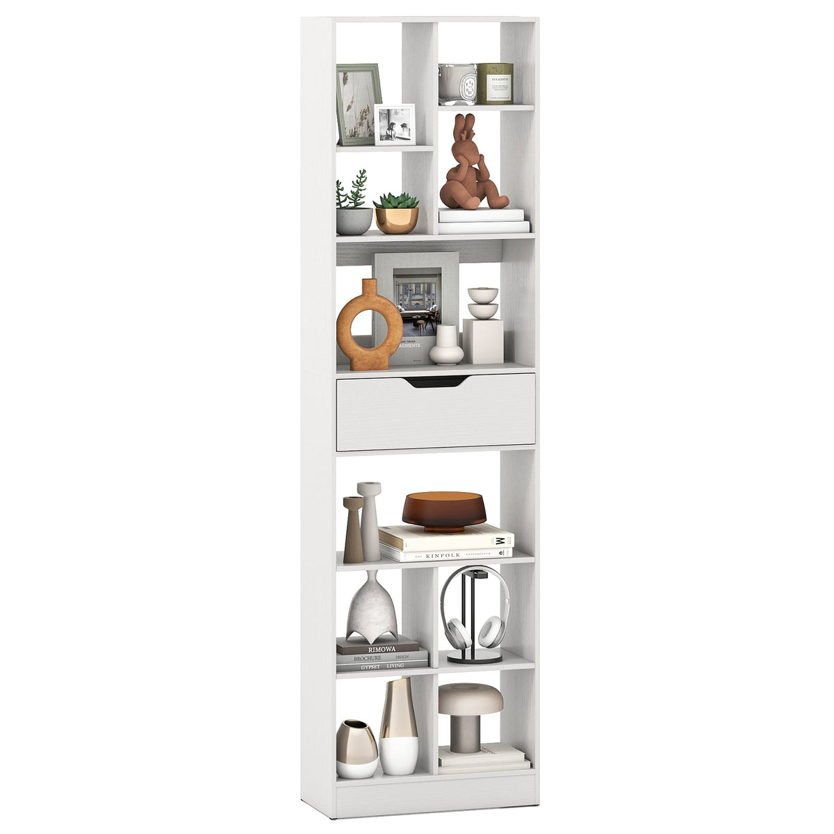 71inch Tall Freestanding Bookcase with Drawer 10-Cube Storage Organizer-White-Bookcases-DECOROLALA