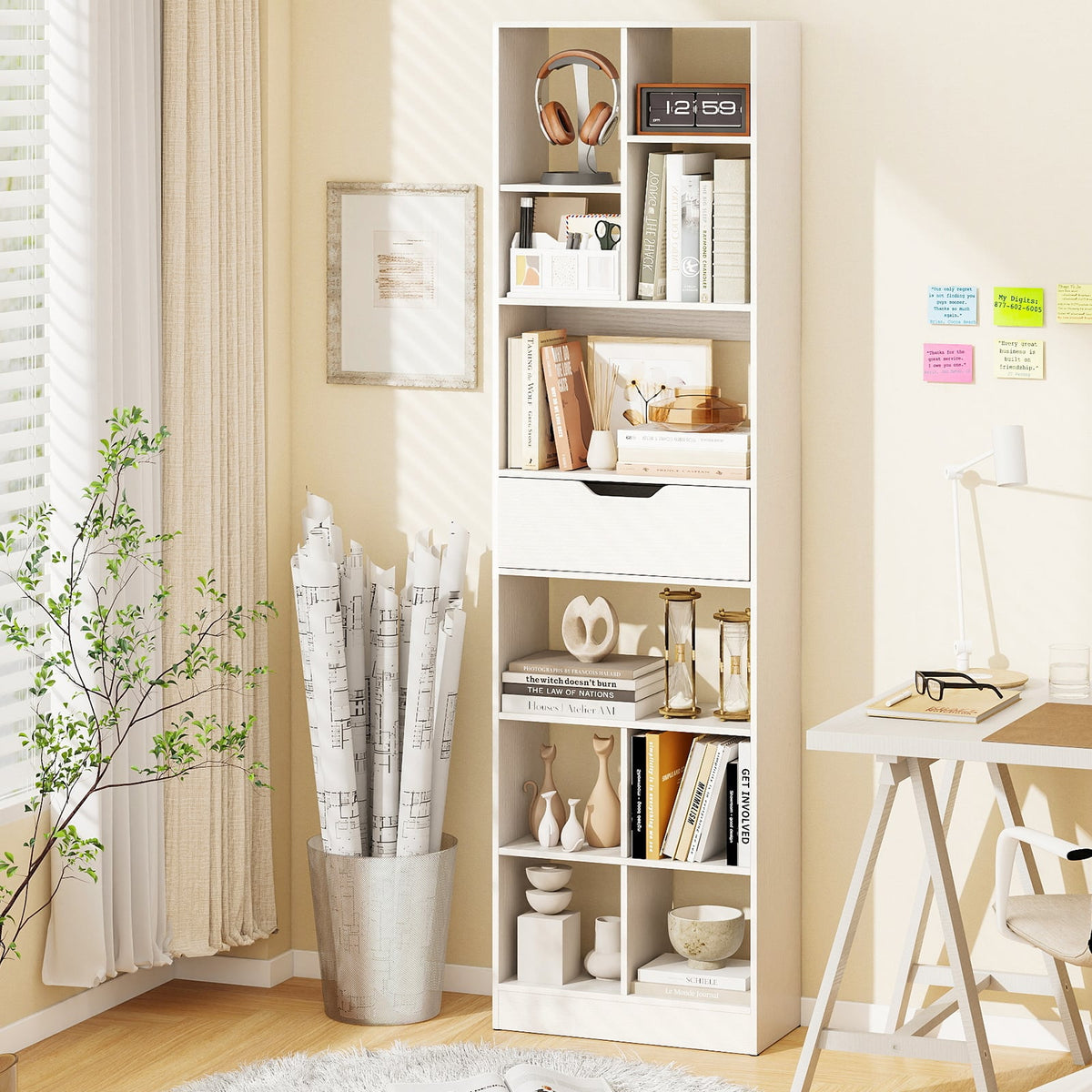 71inch Tall Freestanding Bookcase with Drawer 10-Cube Storage Organizer-White-Bookcases-DECOROLALA