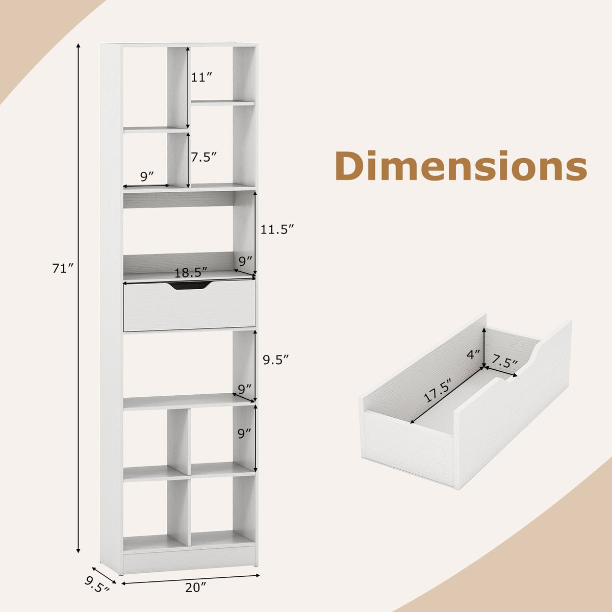 71inch Tall Freestanding Bookcase with Drawer 10-Cube Storage Organizer-White-Bookcases-DECOROLALA