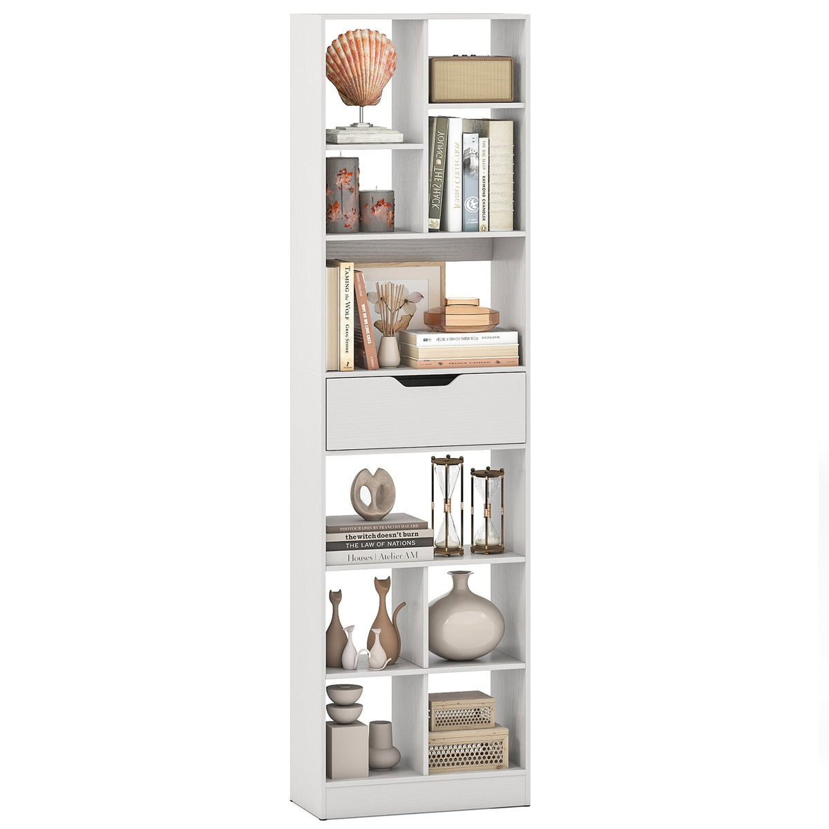 71inch Tall Freestanding Bookcase with Drawer 10-Cube Storage Organizer-White-Bookcases-DECOROLALA
