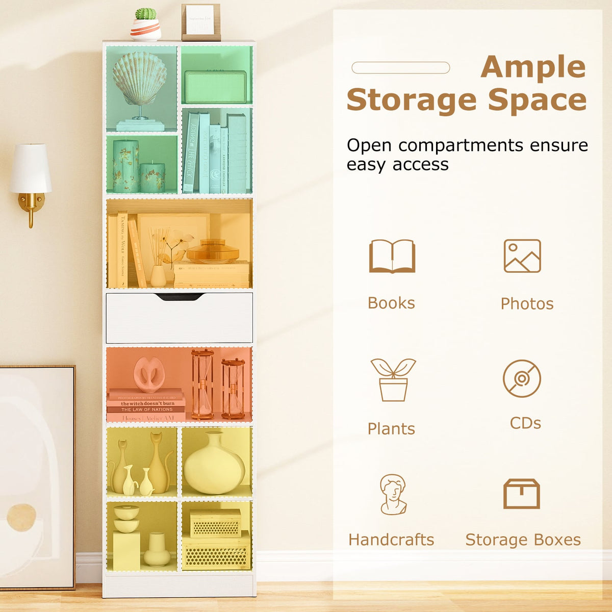 71inch Tall Freestanding Bookcase with Drawer 10-Cube Storage Organizer-White-Bookcases-DECOROLALA