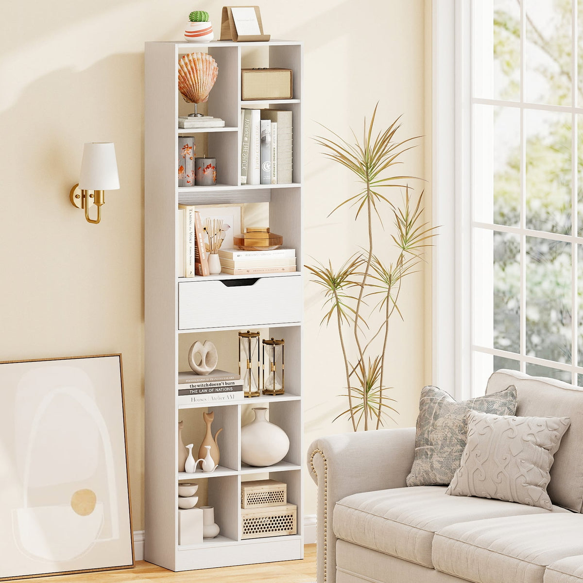 71inch Tall Freestanding Bookcase with Drawer 10-Cube Storage Organizer-White-Bookcases-DECOROLALA