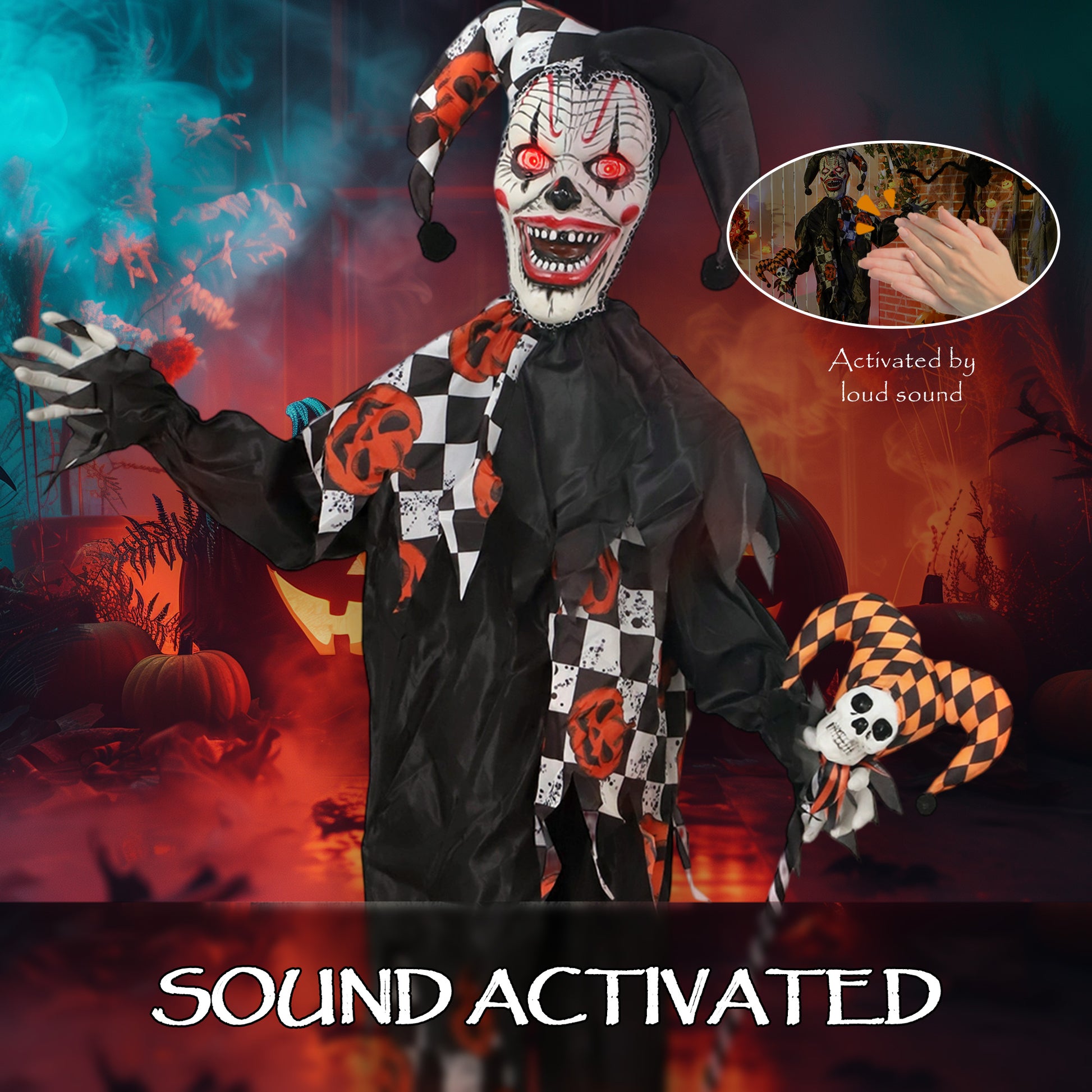 72" Animated Halloween Clown - Sound Activated Light Up Eyes-Home Furnishings > Holiday & Seasonal > Halloween Decorations-DECOROLALA