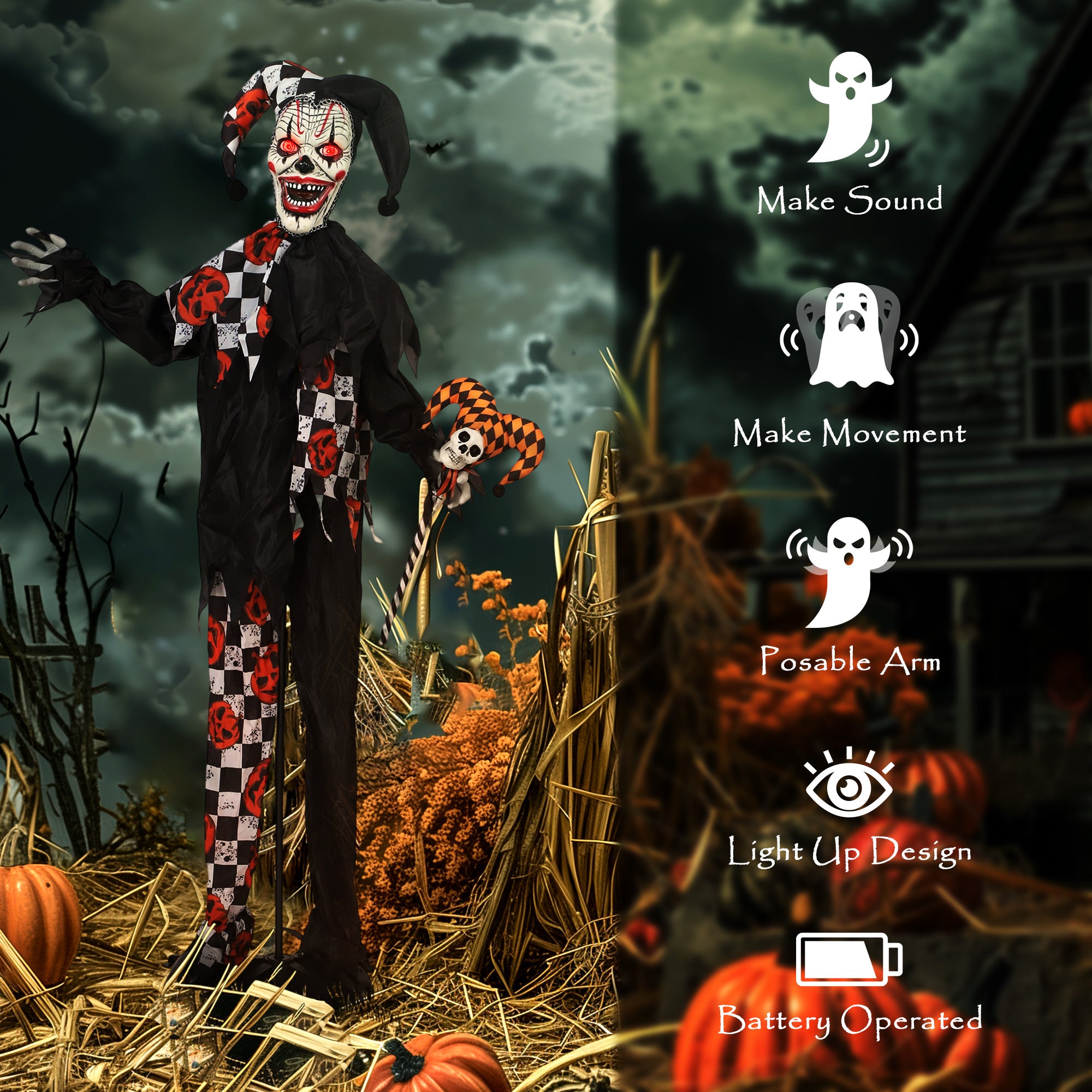 72" Animated Halloween Clown - Sound Activated Light Up Eyes-Home Furnishings > Holiday & Seasonal > Halloween Decorations-DECOROLALA
