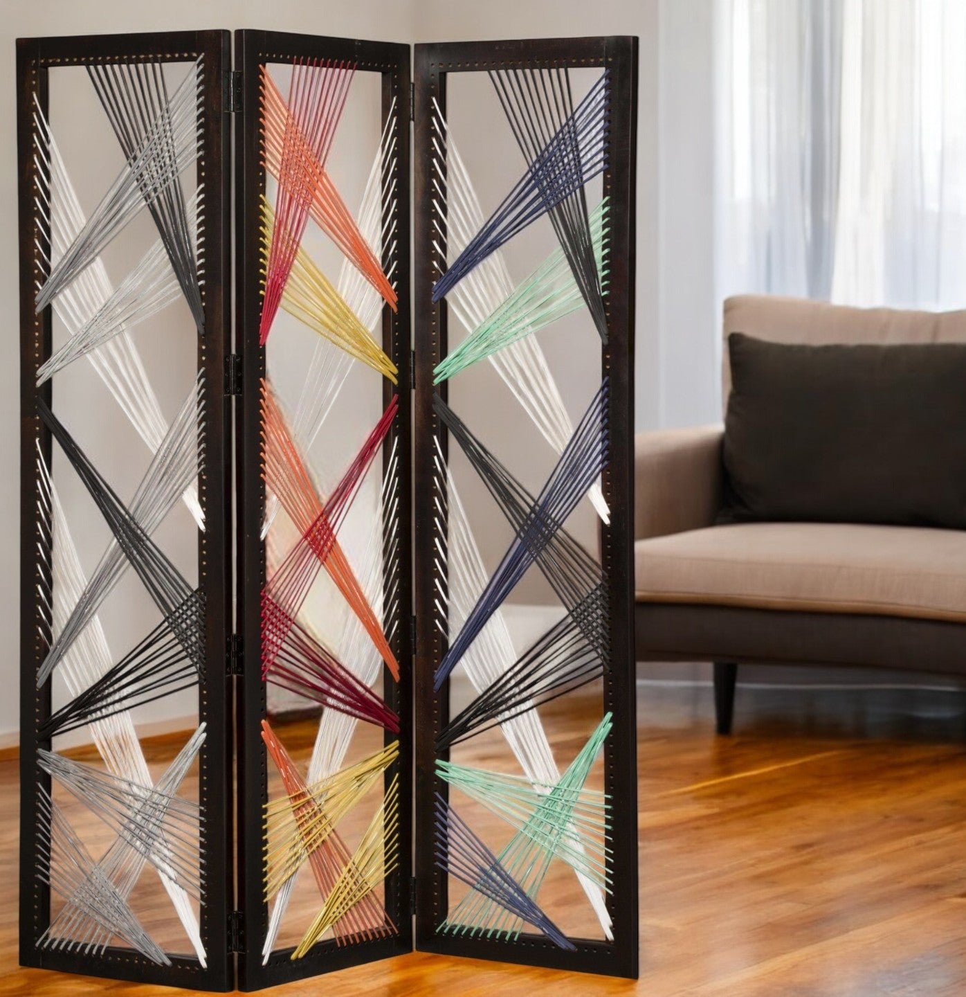 72" Black Fabric Folding Three Panel Screen Room Divider-Room Dividers-DECOROLALA