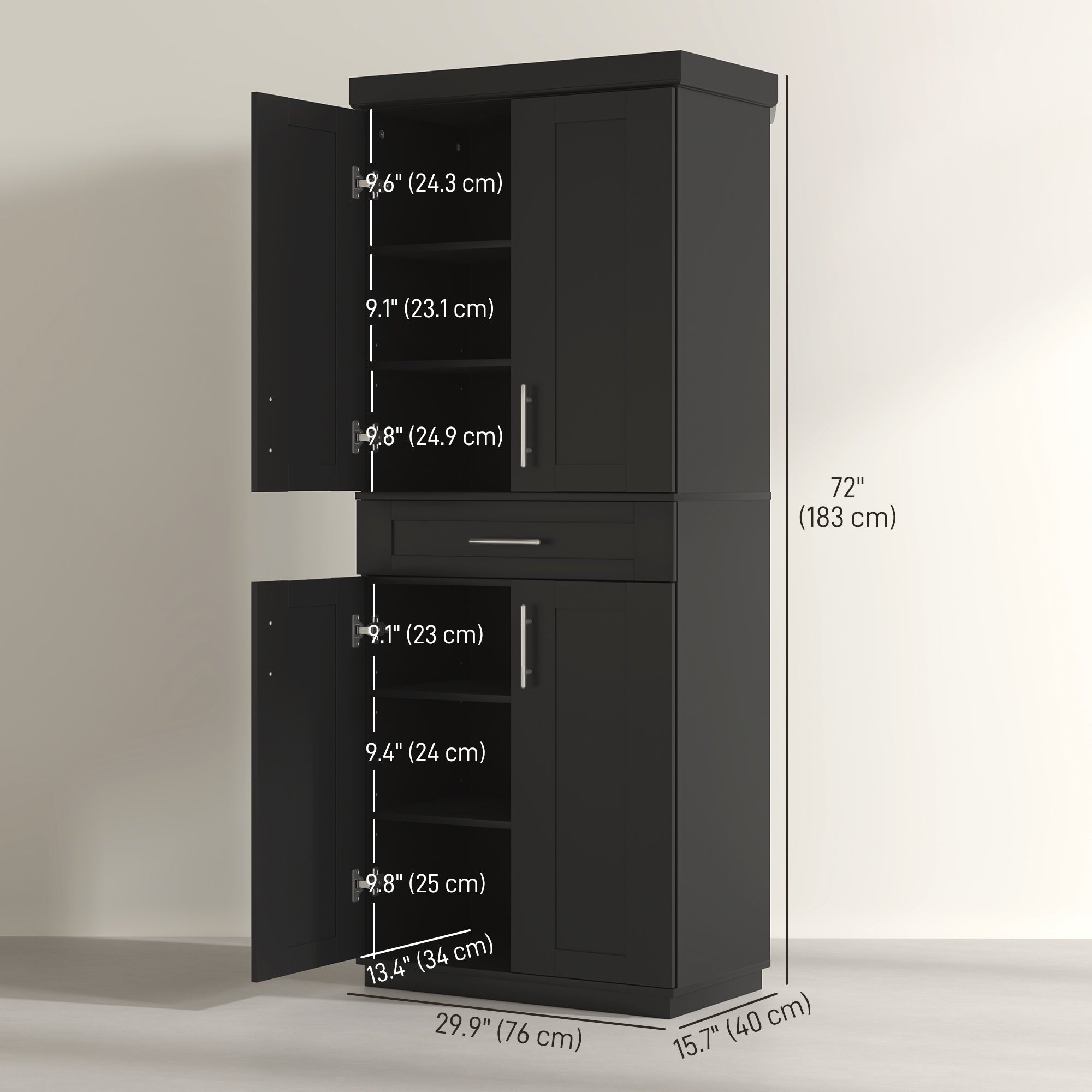 72" Black Kitchen Pantry Cabinet with 4 Doors, Drawer, Shelves-DECOROLALA