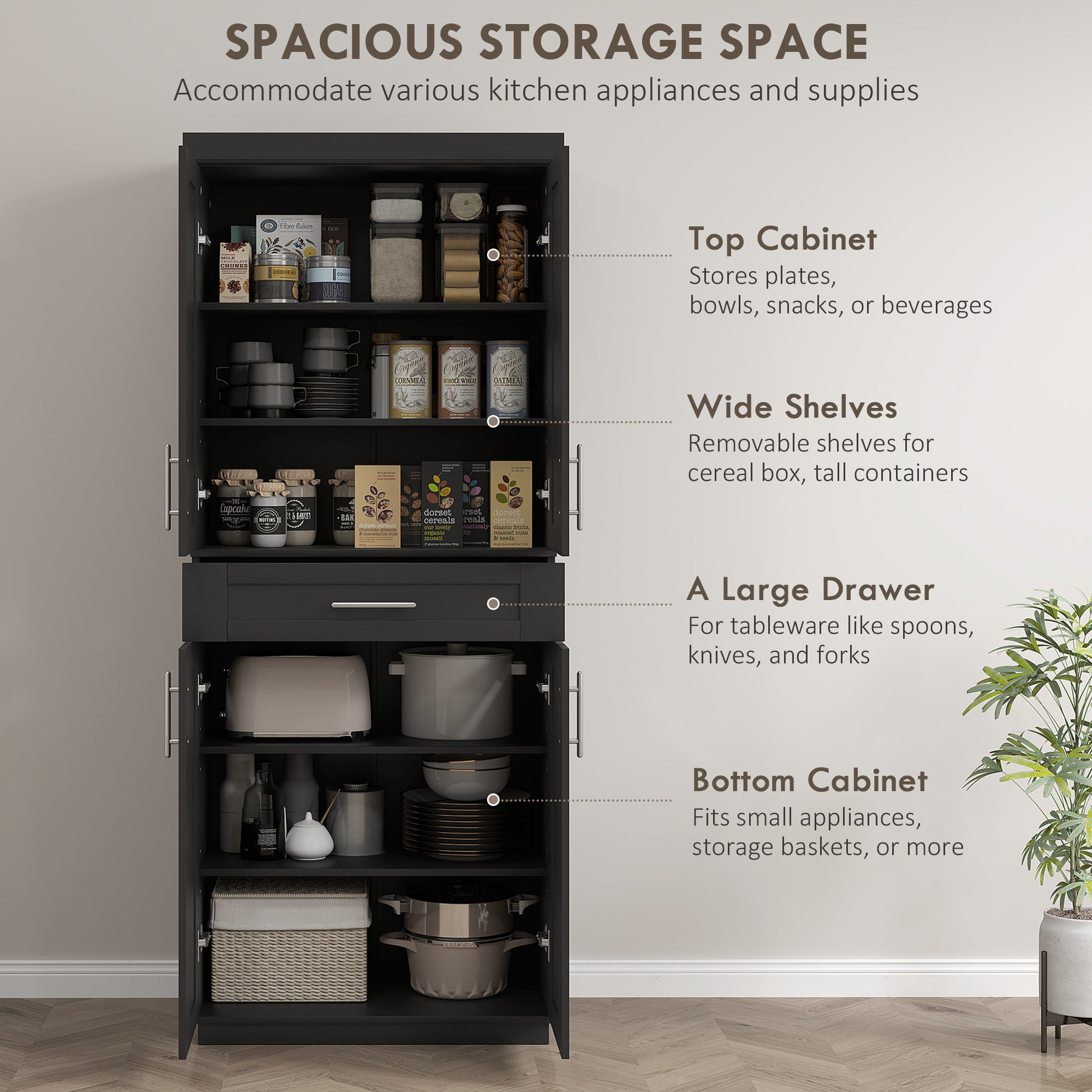 72" Black Kitchen Pantry Cabinet with 4 Doors, Drawer, Shelves-DECOROLALA
