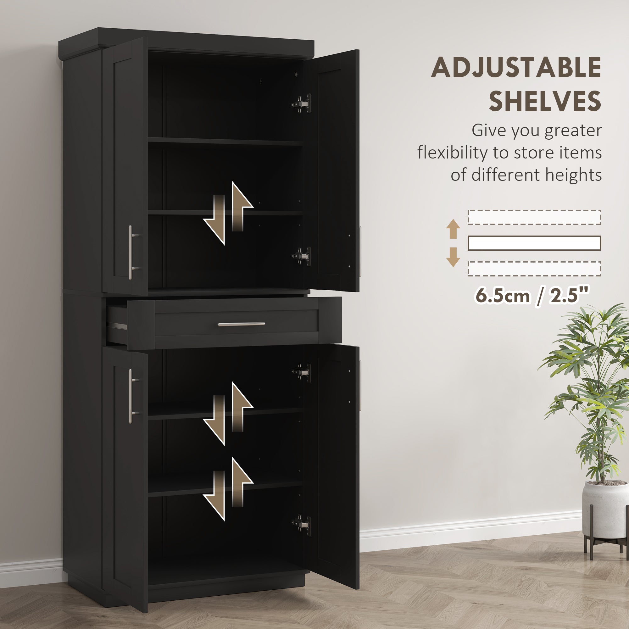 72" Black Kitchen Pantry Cabinet with 4 Doors, Drawer, Shelves-DECOROLALA