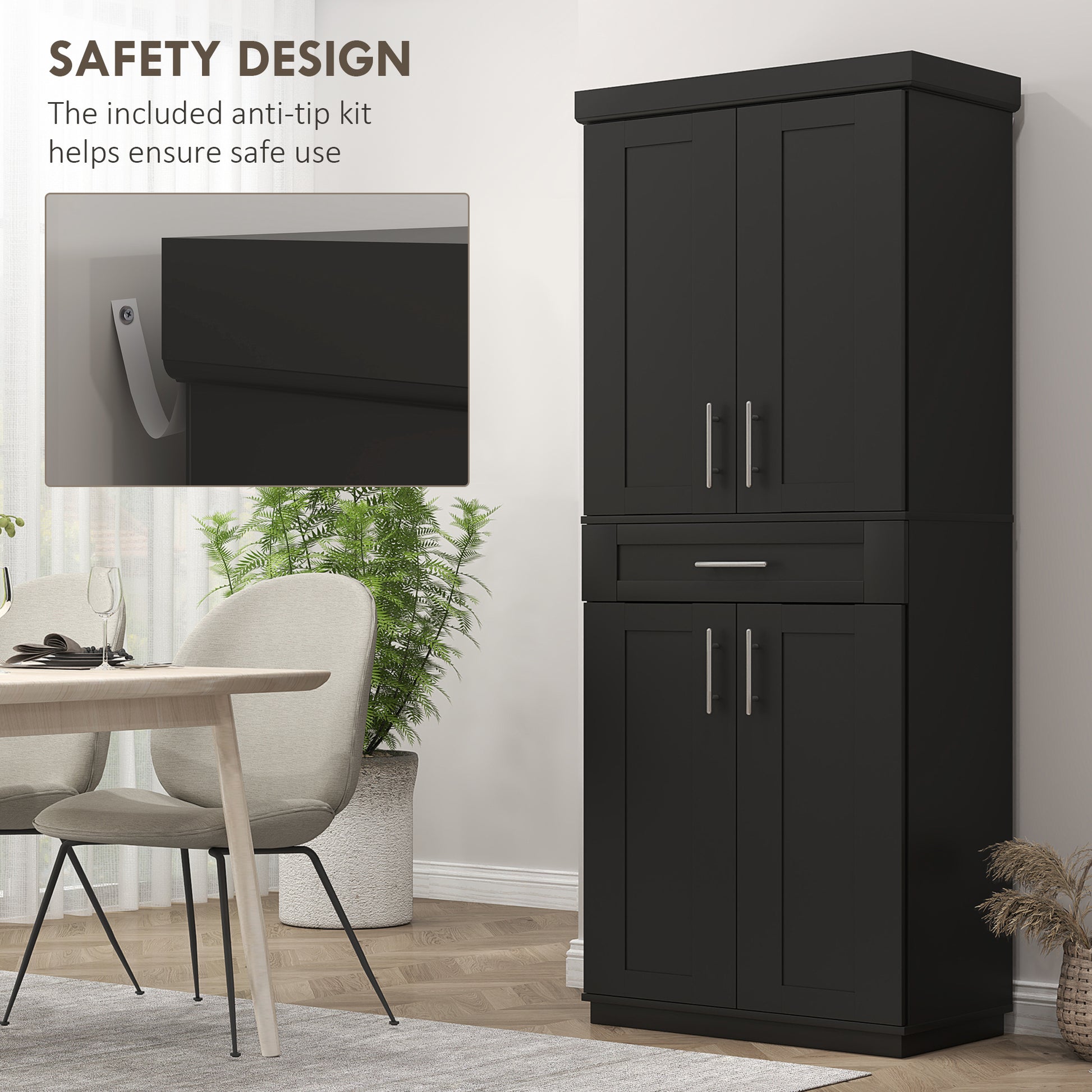 72" Black Kitchen Pantry Cabinet with 4 Doors, Drawer, Shelves-DECOROLALA