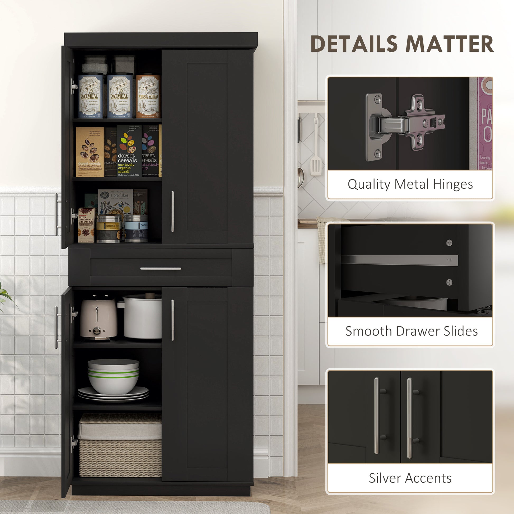 72" Black Kitchen Pantry Cabinet with 4 Doors, Drawer, Shelves-DECOROLALA