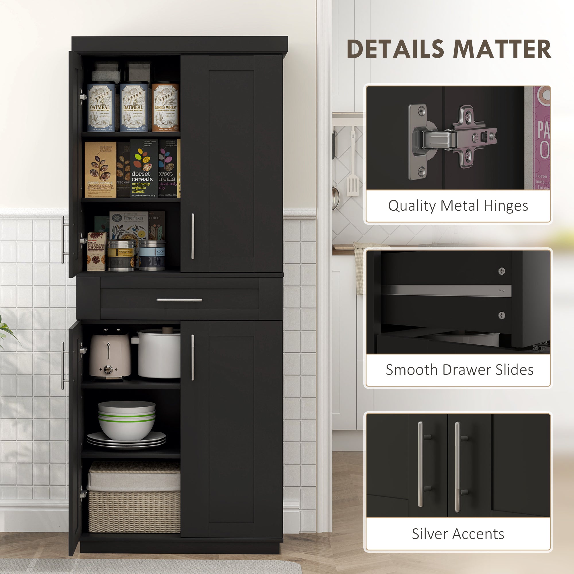 72" Black Kitchen Pantry Cabinet with 4 Doors, Drawer, Shelves-DECOROLALA