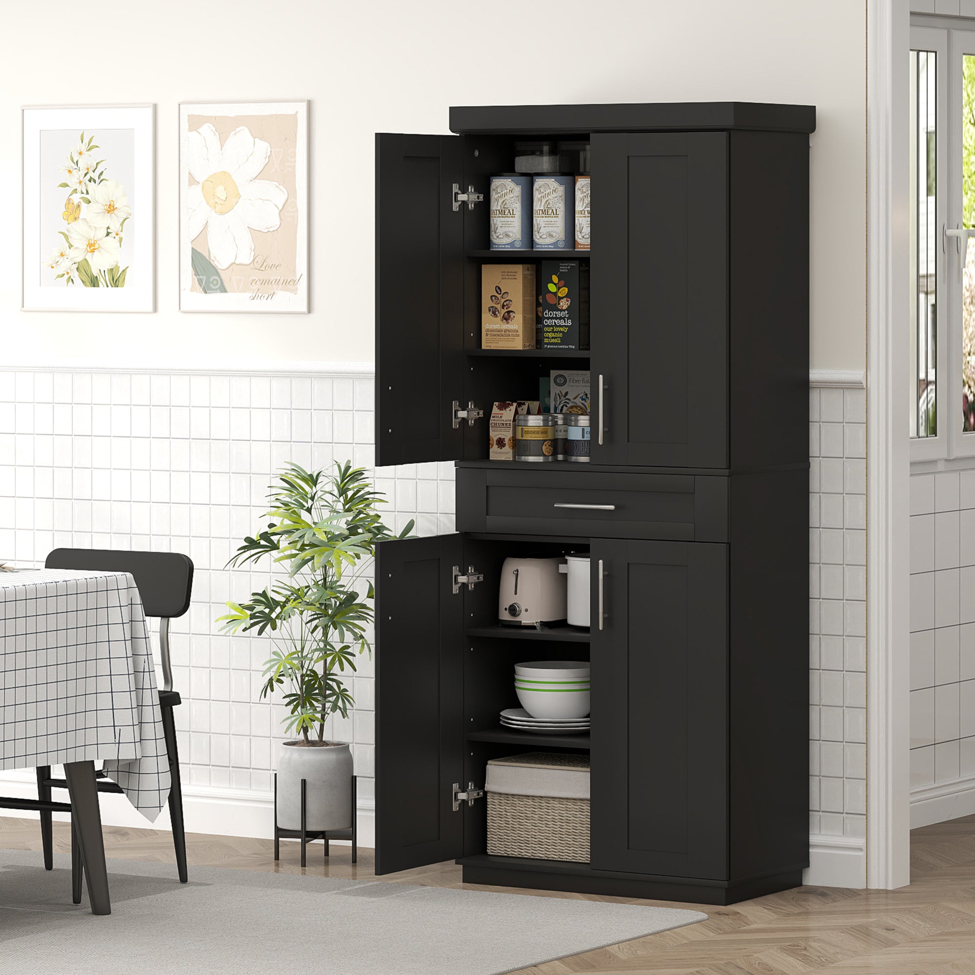 72" Black Kitchen Pantry Cabinet with 4 Doors, Drawer, Shelves-DECOROLALA