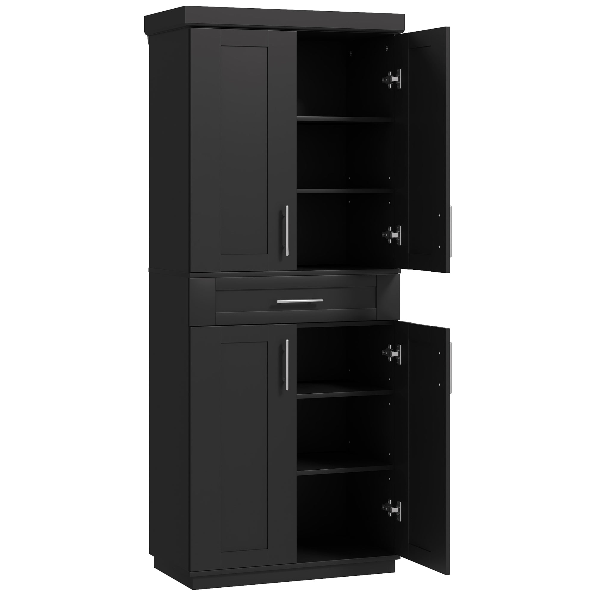 72" Black Kitchen Pantry Cabinet with 4 Doors, Drawer, Shelves-DECOROLALA